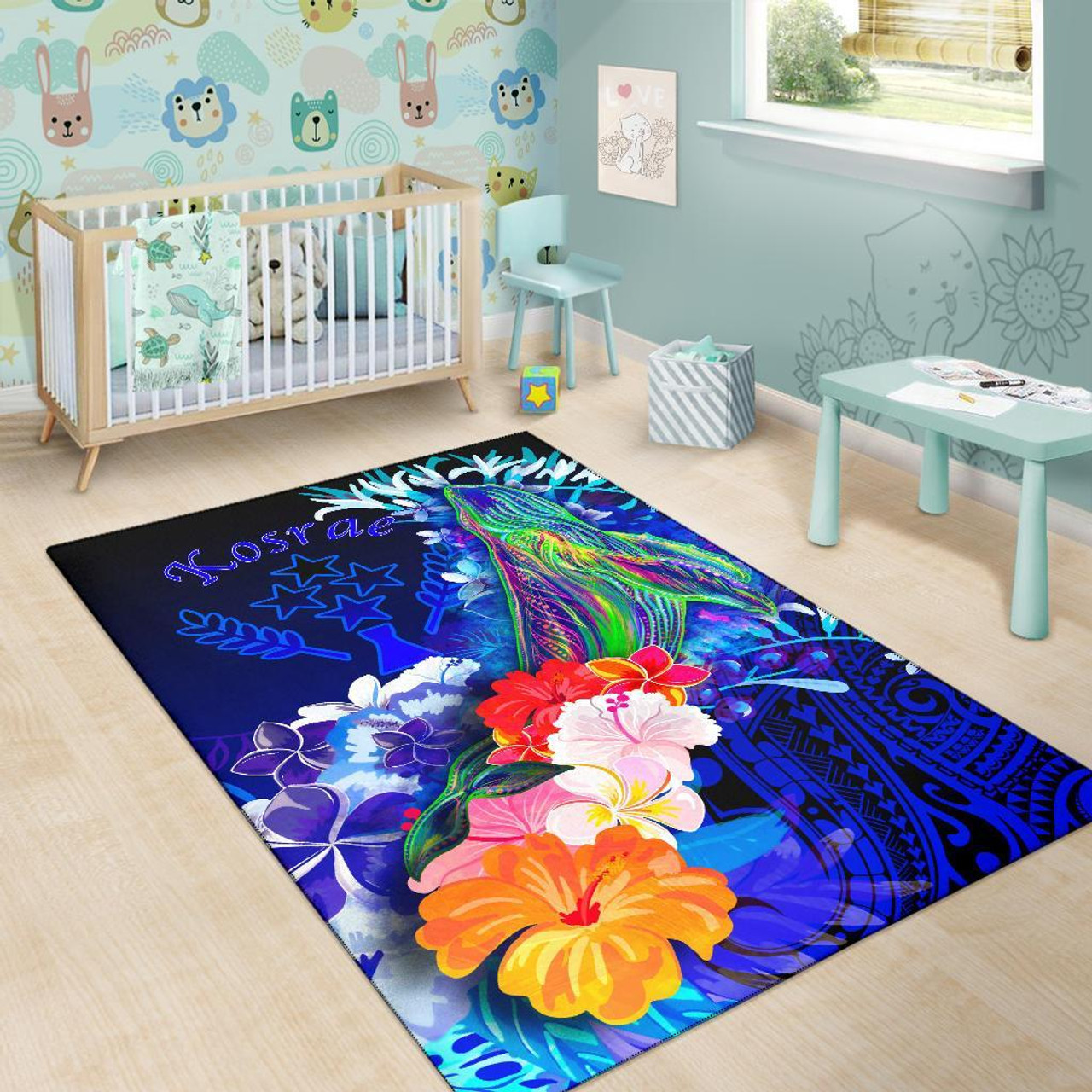 Kosrae Area Rug - Humpback Whale with Tropical Flowers (Blue) Polynesian 6