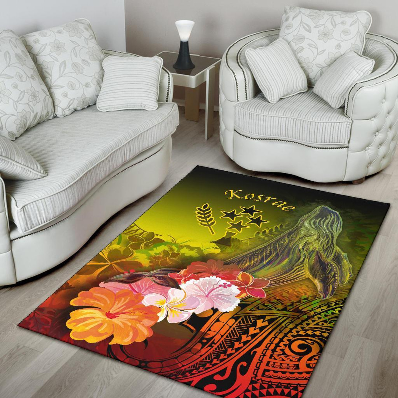 Kosrae Area Rug - Humpback Whale with Tropical Flowers (Yellow) Polynesian 4