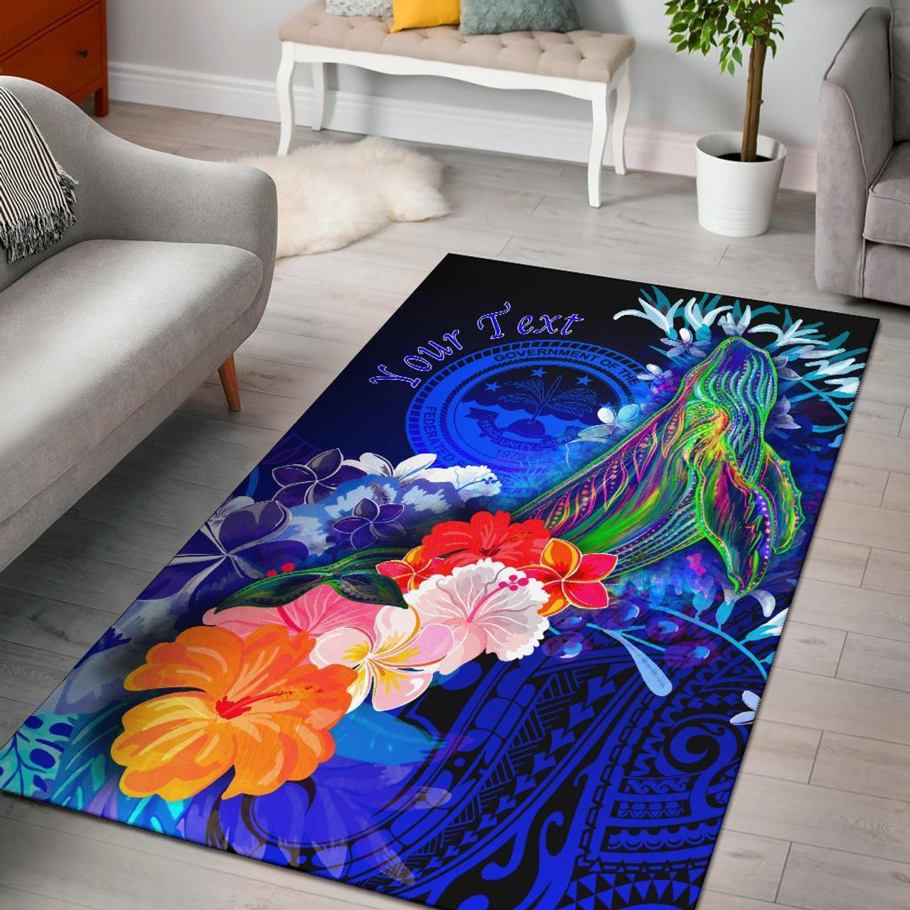 Federated States of Micronesia Custom Personalised Area Rug - Humpback Whale with Tropical Flowers (Blue) Polynesian 1