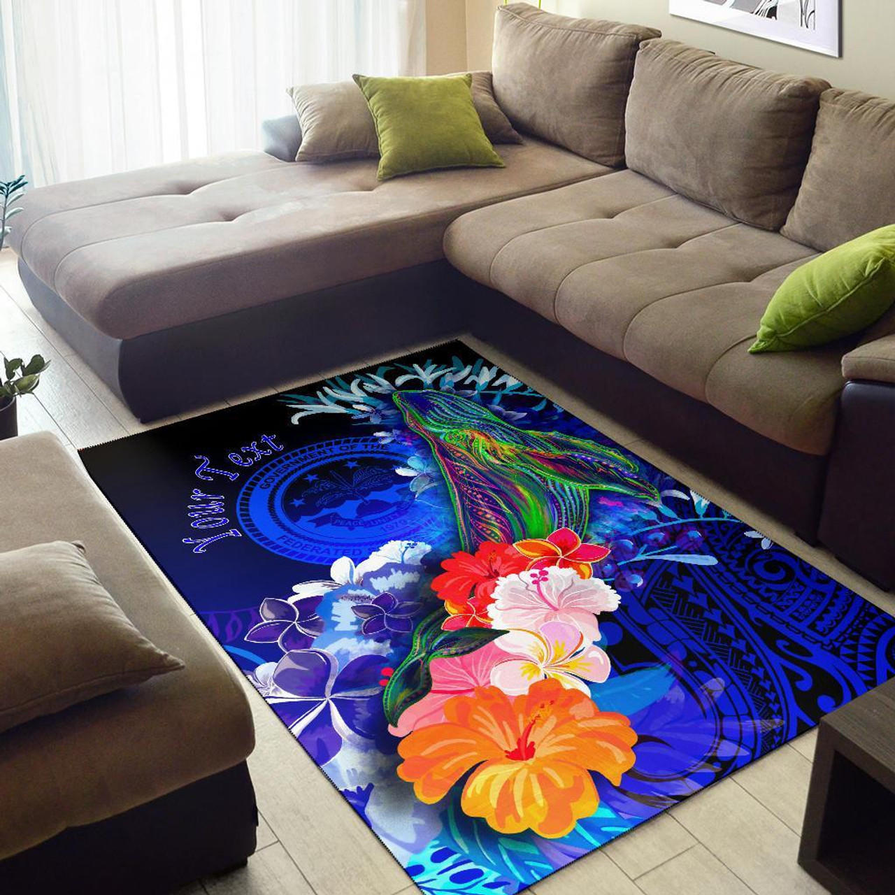 Federated States of Micronesia Custom Personalised Area Rug - Humpback Whale with Tropical Flowers (Blue) Polynesian 2