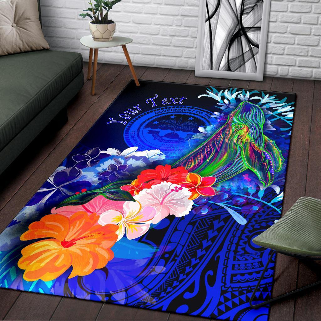 Federated States of Micronesia Custom Personalised Area Rug - Humpback Whale with Tropical Flowers (Blue) Polynesian 3