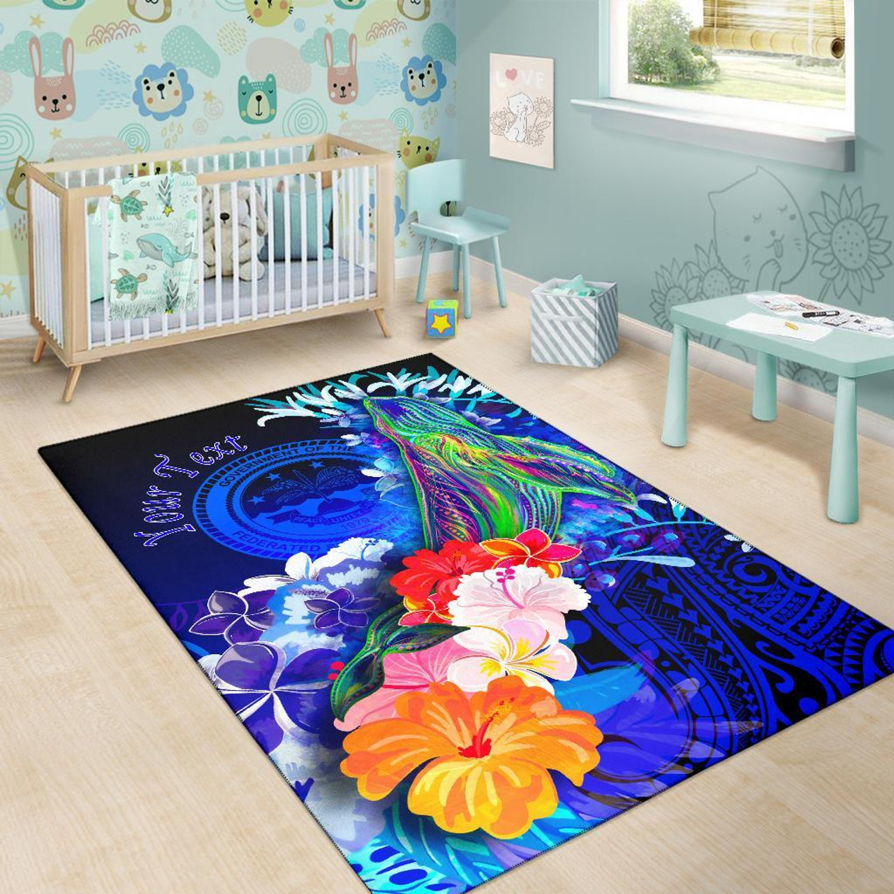 Federated States of Micronesia Custom Personalised Area Rug - Humpback Whale with Tropical Flowers (Blue) Polynesian 6