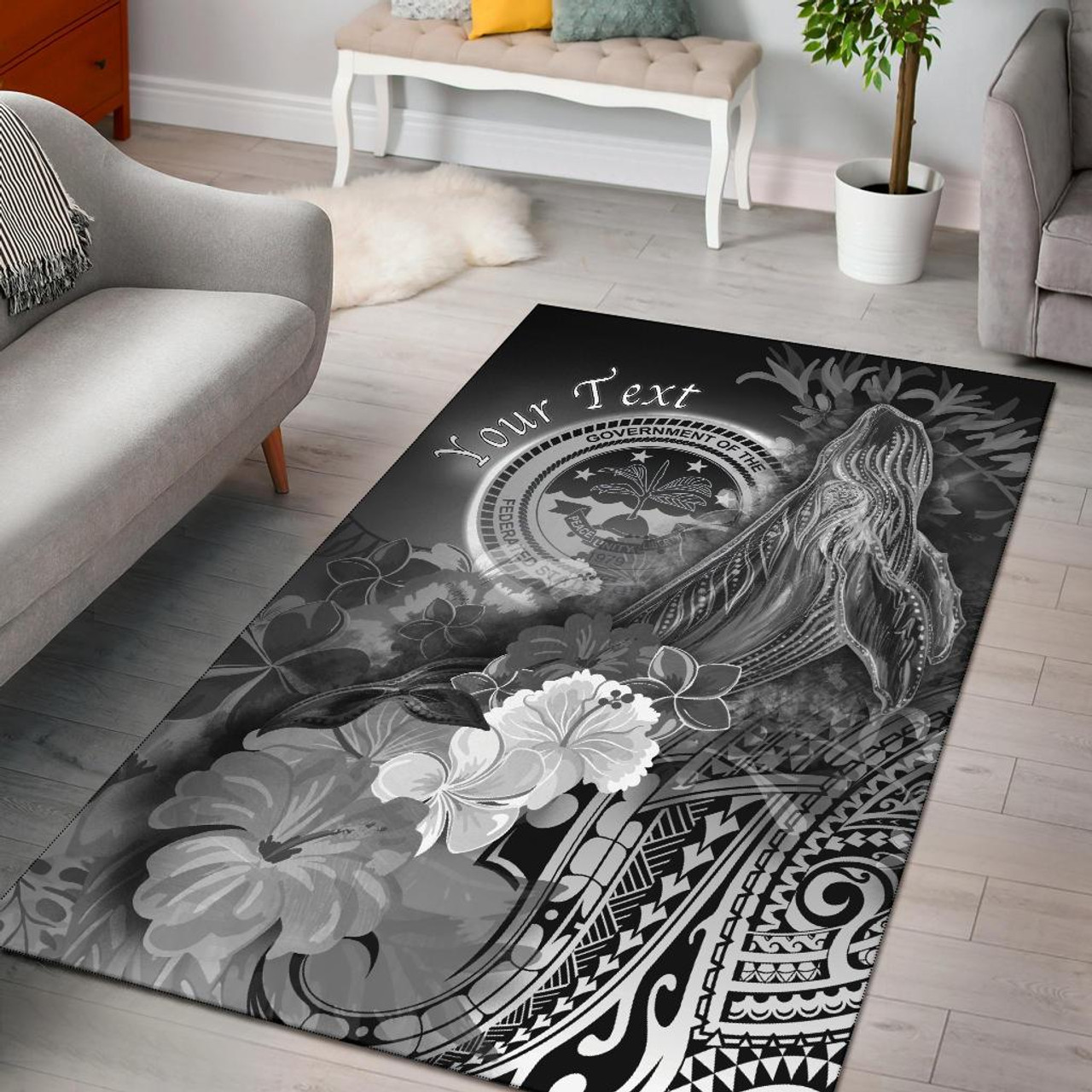 Federated States of Micronesia Custom Personalised Area Rug - Humpback Whale with Tropical Flowers (White) Polynesian 1