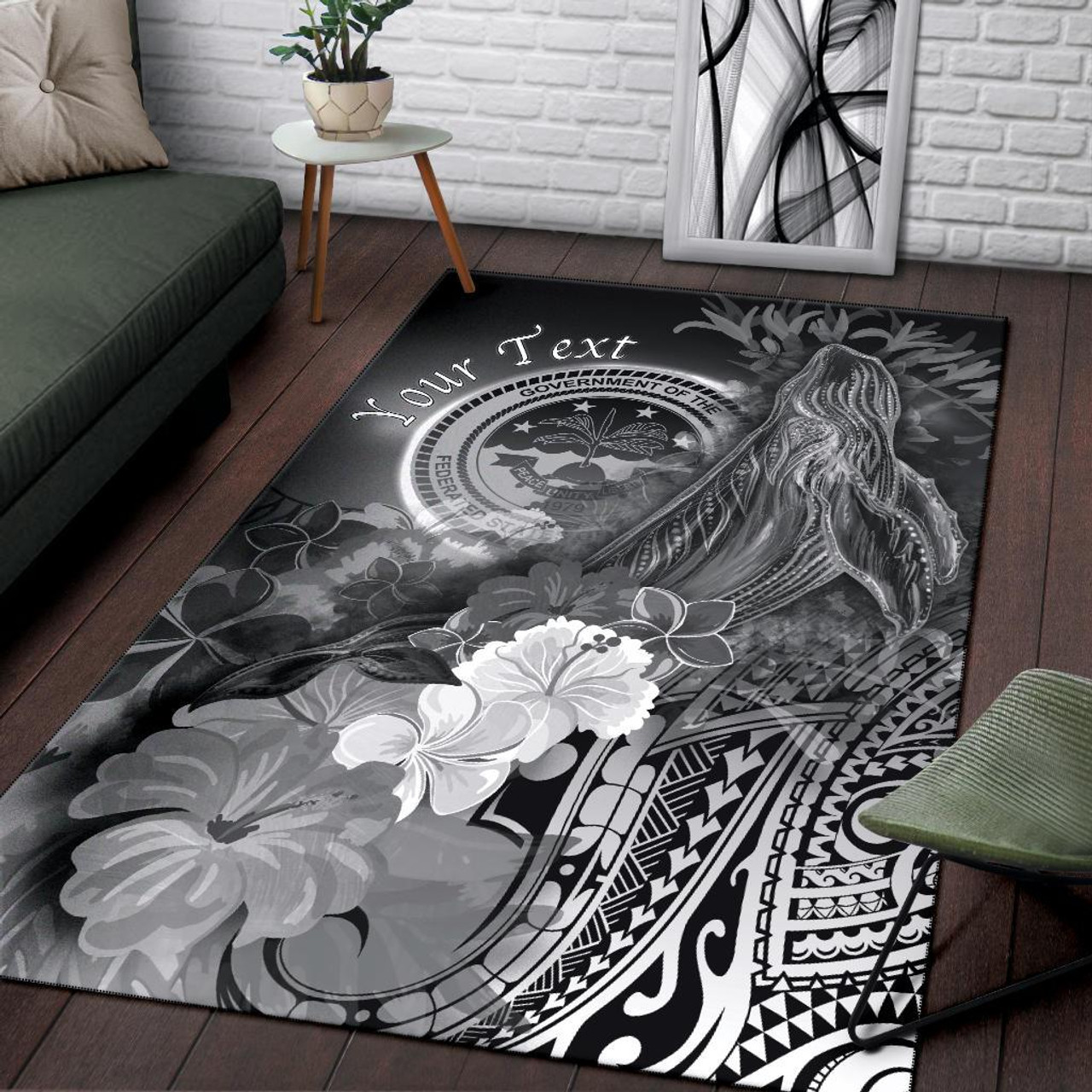 Federated States of Micronesia Custom Personalised Area Rug - Humpback Whale with Tropical Flowers (White) Polynesian 3