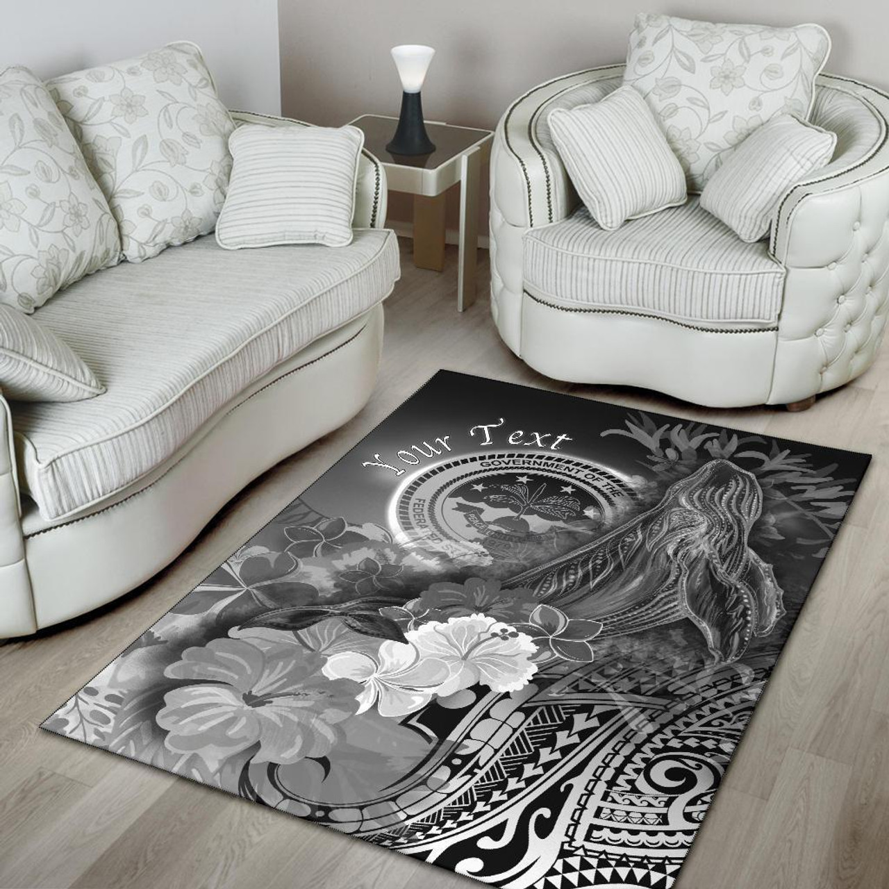 Federated States of Micronesia Custom Personalised Area Rug - Humpback Whale with Tropical Flowers (White) Polynesian 4