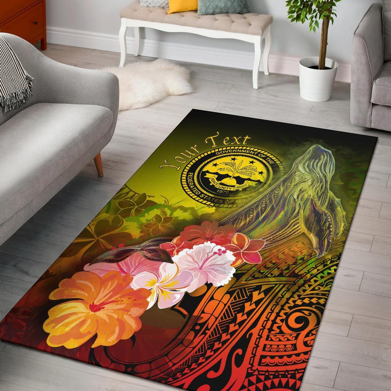 Federated States of Micronesia Custom Personalised Area Rug - Humpback Whale with Tropical Flowers (Yellow) Polynesian 1