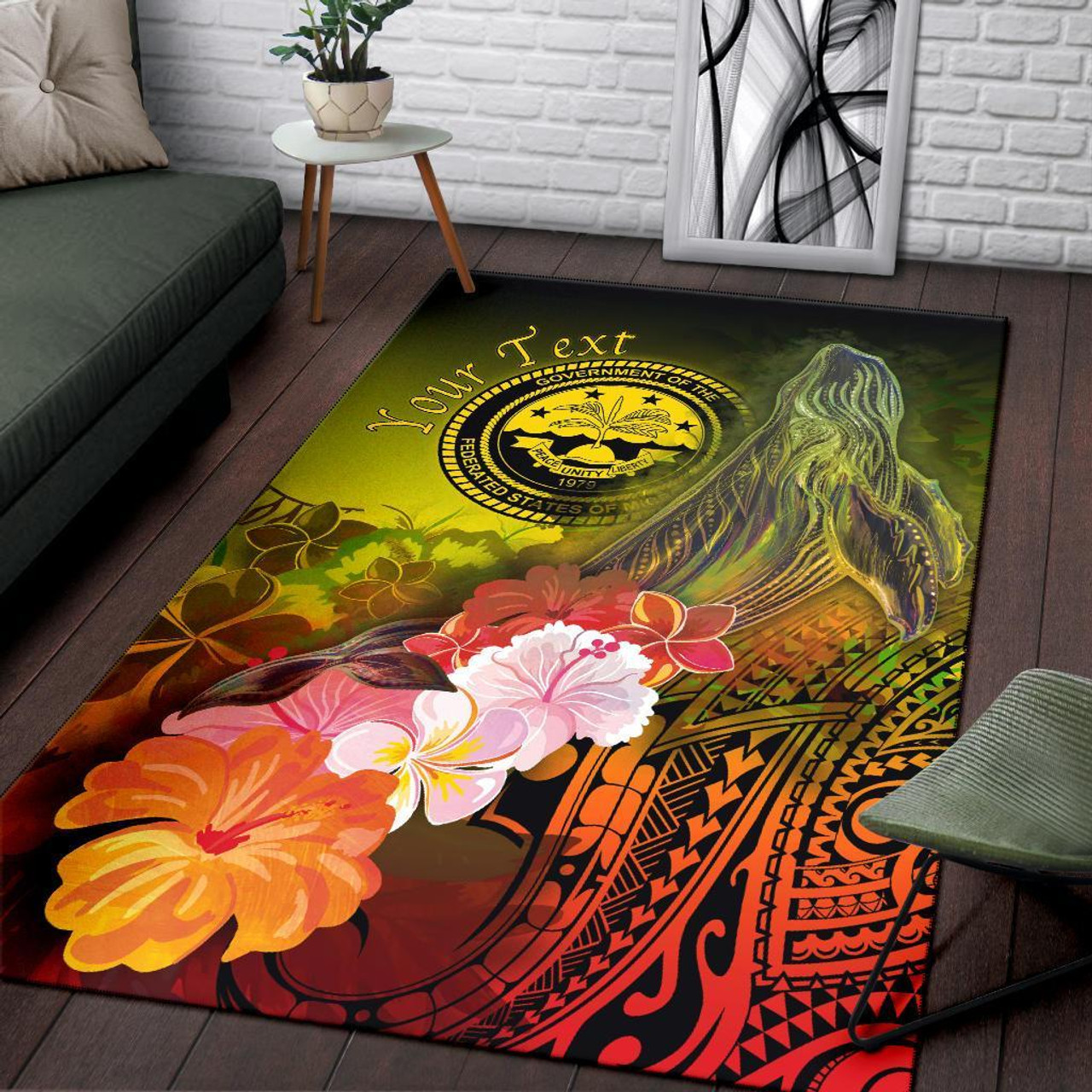 Federated States of Micronesia Custom Personalised Area Rug - Humpback Whale with Tropical Flowers (Yellow) Polynesian 3