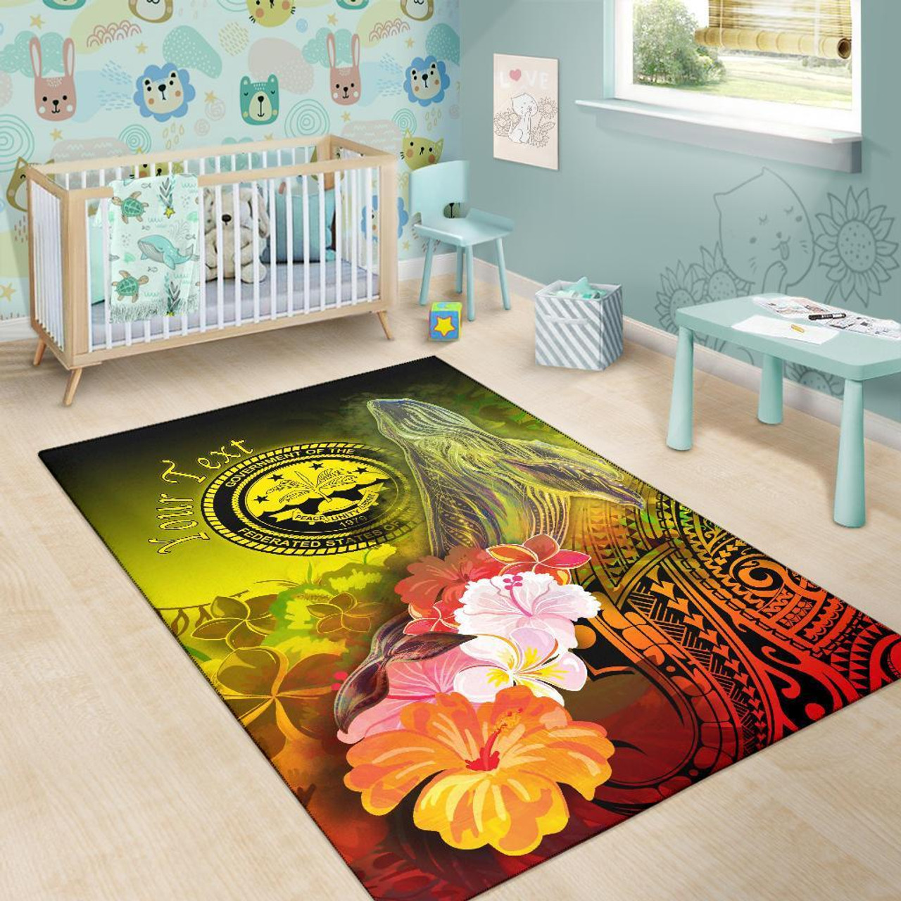 Federated States of Micronesia Custom Personalised Area Rug - Humpback Whale with Tropical Flowers (Yellow) Polynesian 6