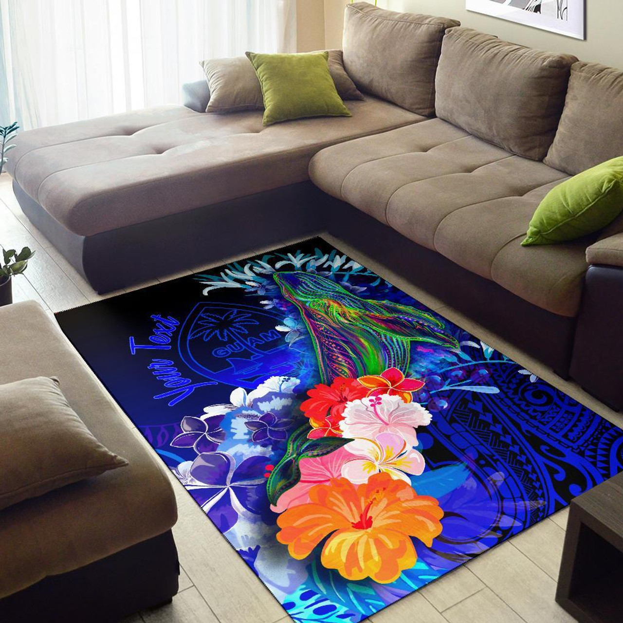 Guam Custom Personalised Area Rug - Humpback Whale with Tropical Flowers (Blue) Polynesian 2