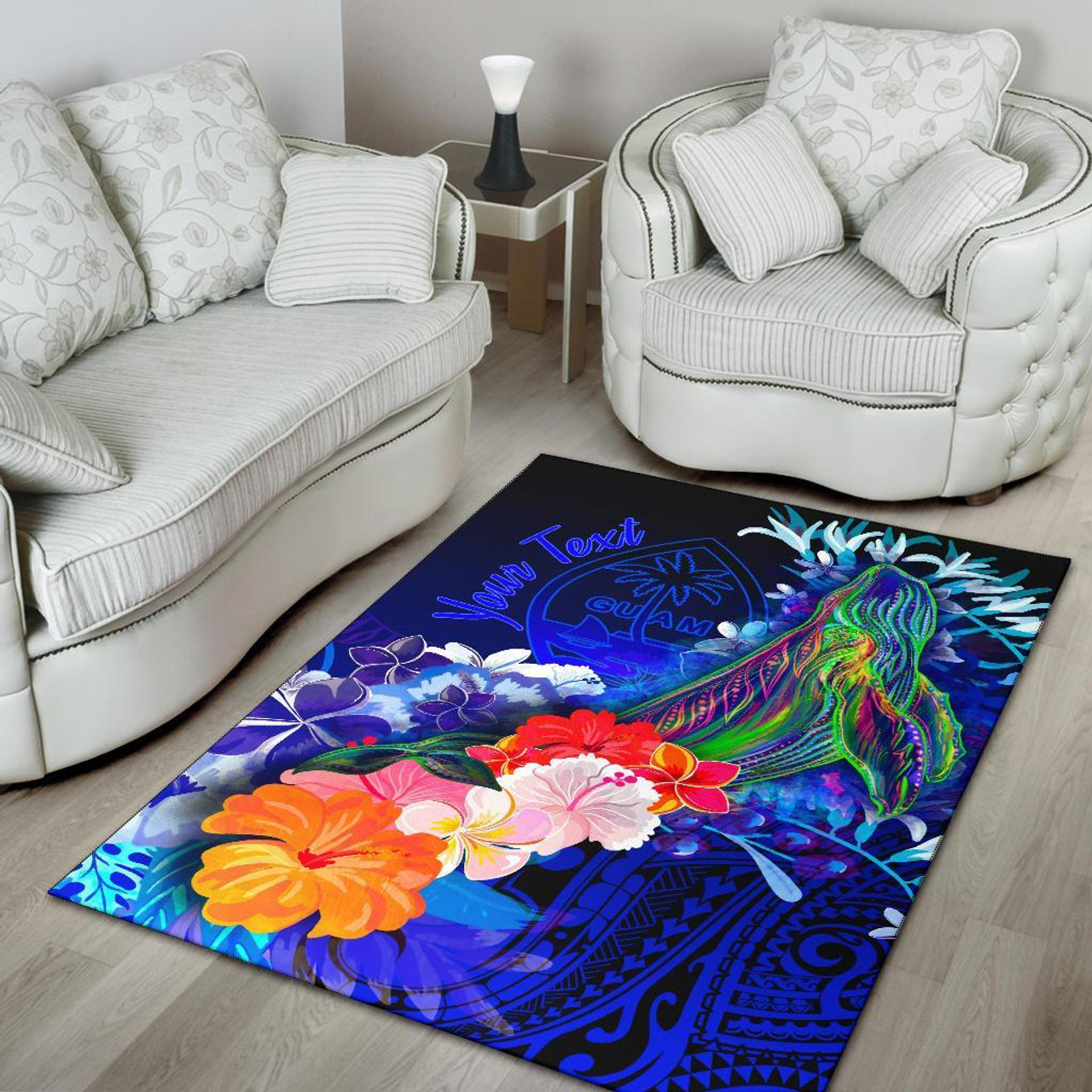 Guam Custom Personalised Area Rug - Humpback Whale with Tropical Flowers (Blue) Polynesian 4