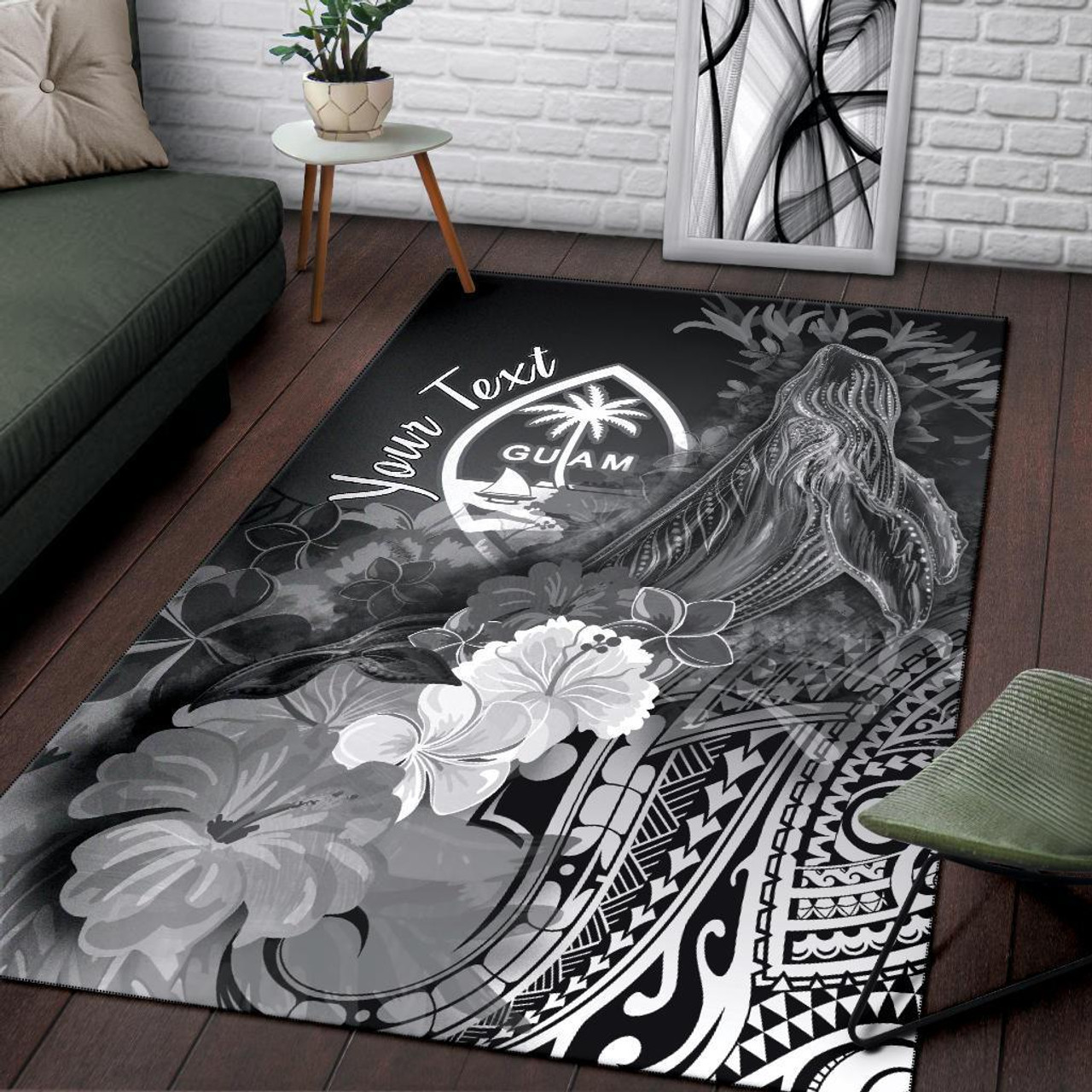 Guam Custom Personalised Area Rug - Humpback Whale with Tropical Flowers (White) Polynesian 3