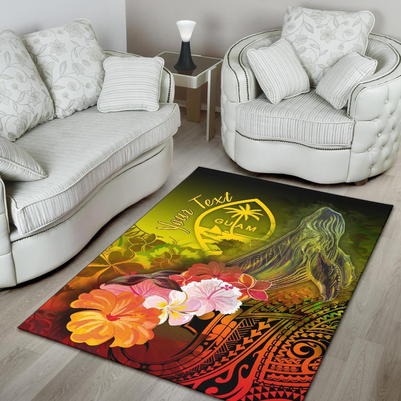 Guam Custom Personalised Area Rug - Humpback Whale with Tropical Flowers (Yellow) Polynesian 4