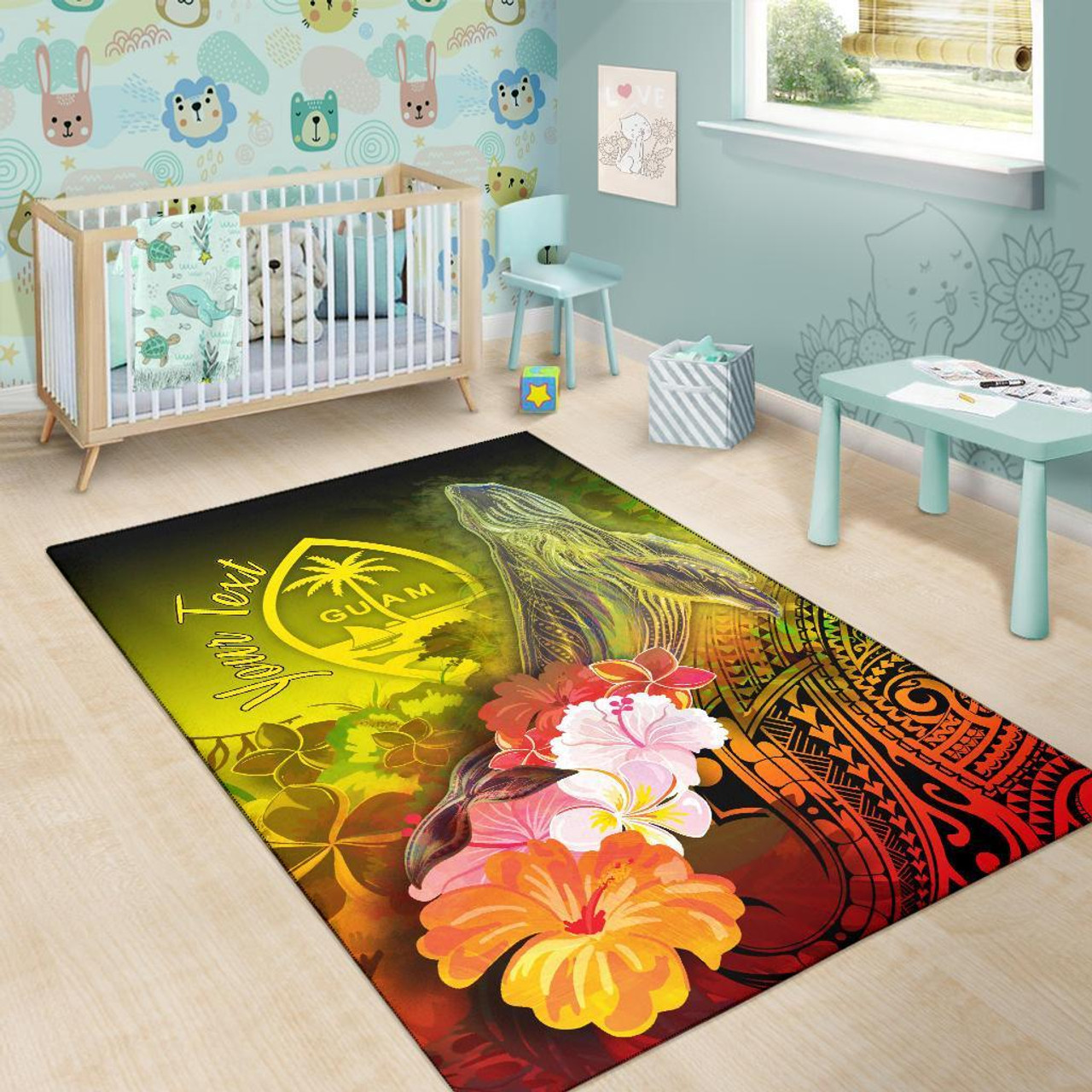 Guam Custom Personalised Area Rug - Humpback Whale with Tropical Flowers (Yellow) Polynesian 6