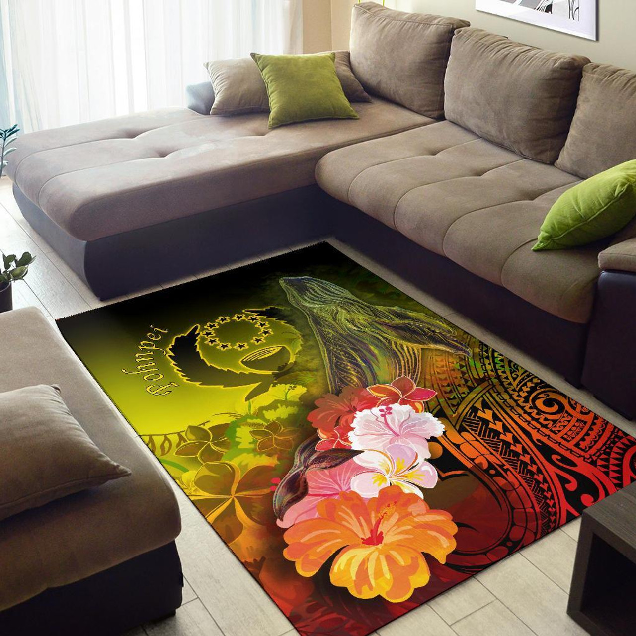 Pohnpei Area Rug - Humpback Whale with Tropical Flowers (Yellow) Polynesian 2