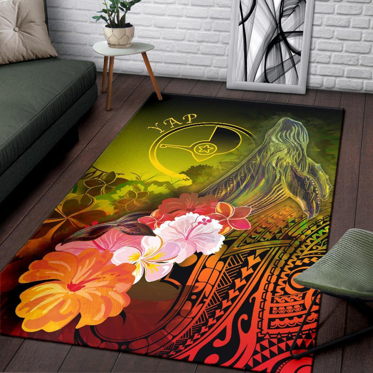 Yap Area Rug - Humpback Whale with Tropical Flowers (Yellow) Polynesian 3