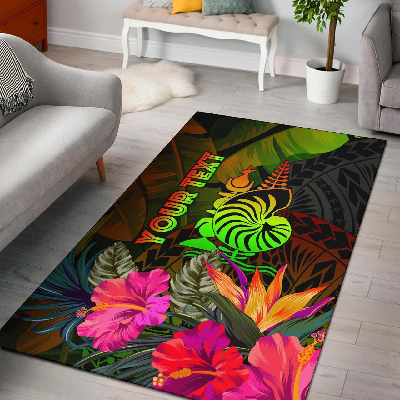 New Caledonia Polynesian Personalised Area Rug - Hibiscus and Banana Leaves Polynesian 1