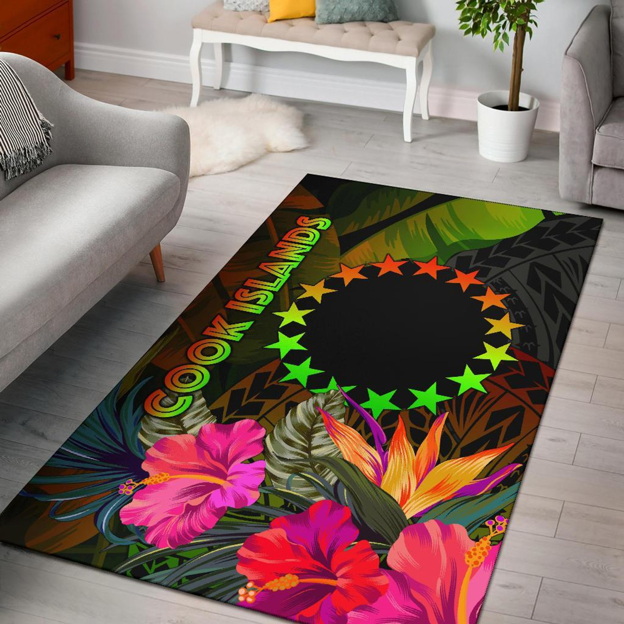 Cook Islands Polynesian Area Rug - Hibiscus and Banana Leaves Polynesian 1