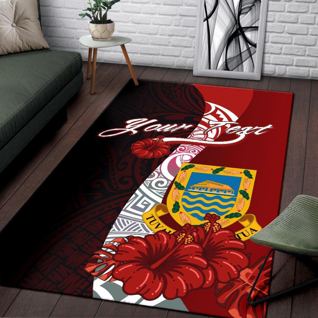 Tuvalu Polynesian Custom Personalised Area Rug - Coat Of Arm With Hibiscus Polynesian 3