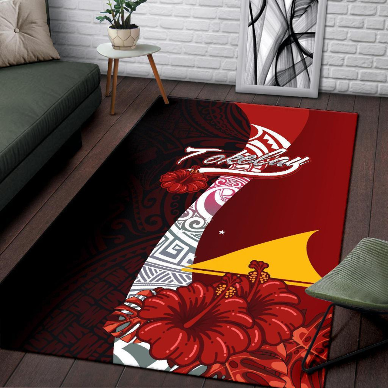 Tokelau Polynesian Area Rug - Coat Of Arm With Hibiscus Polynesian 3