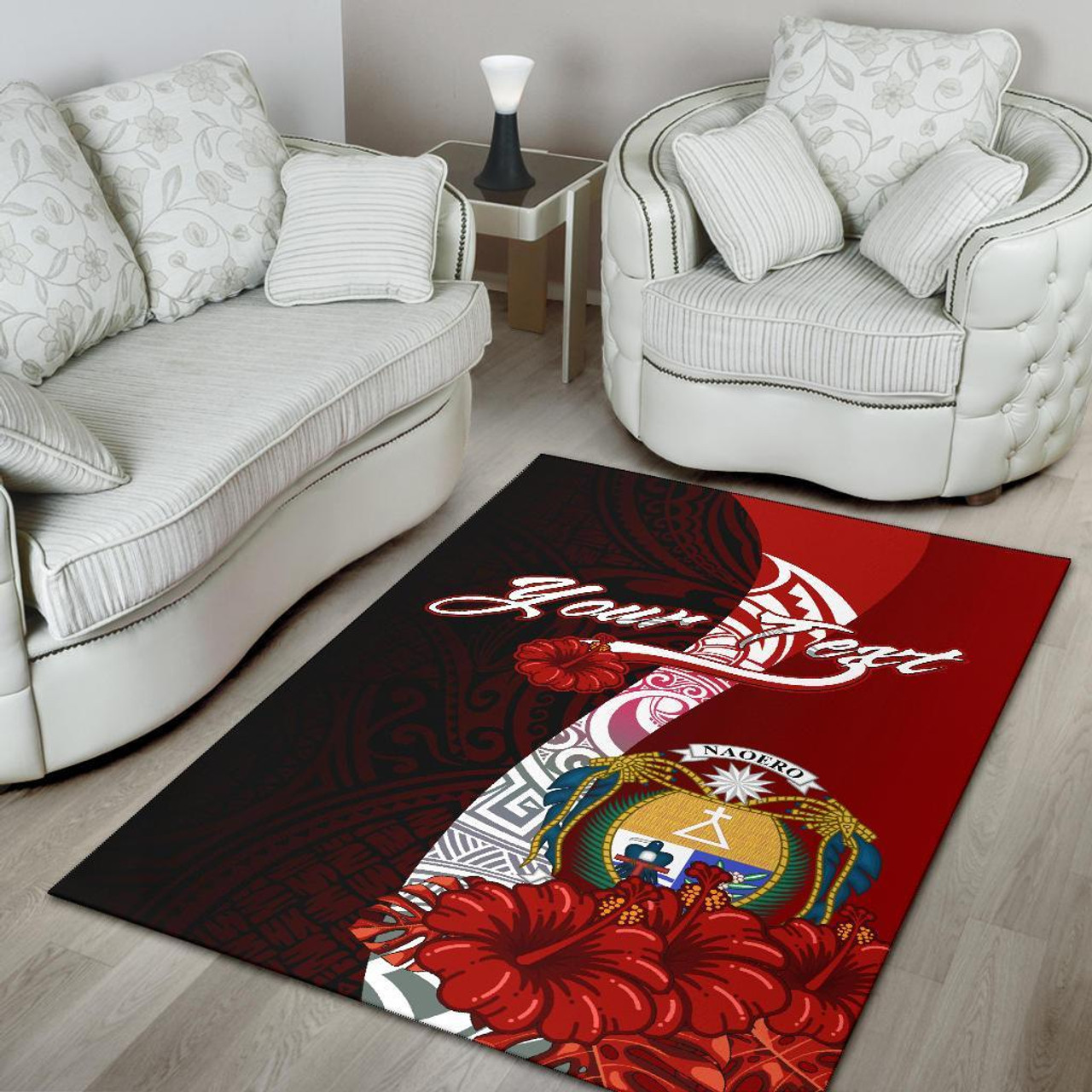 Nauru Polynesian Custom Personalised Area Rug - Coat Of Arm With Hibiscus Polynesian 4