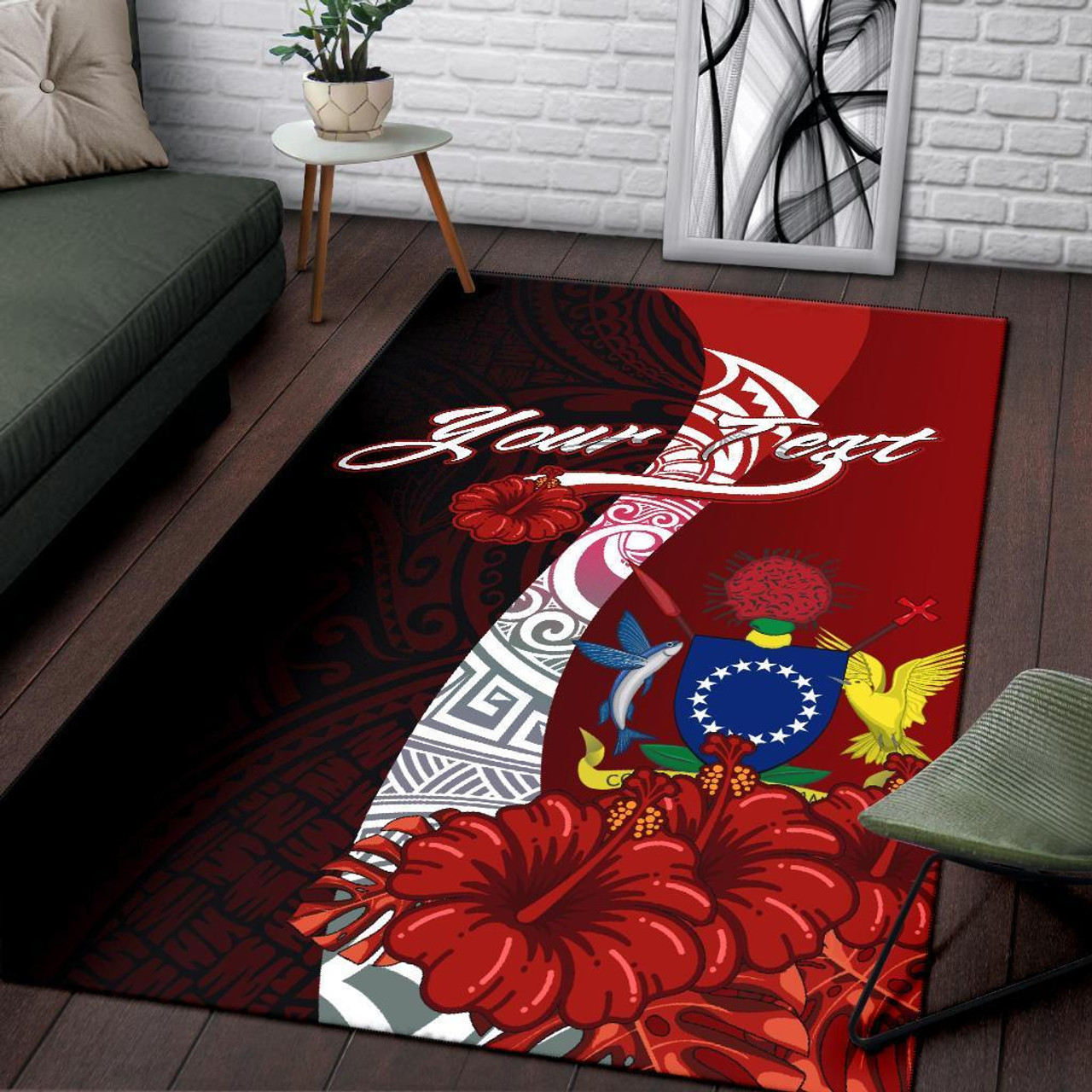 Cook Islands Polynesian Custom Personalised Area Rug - Coat Of Arm With Hibiscus Polynesian 3