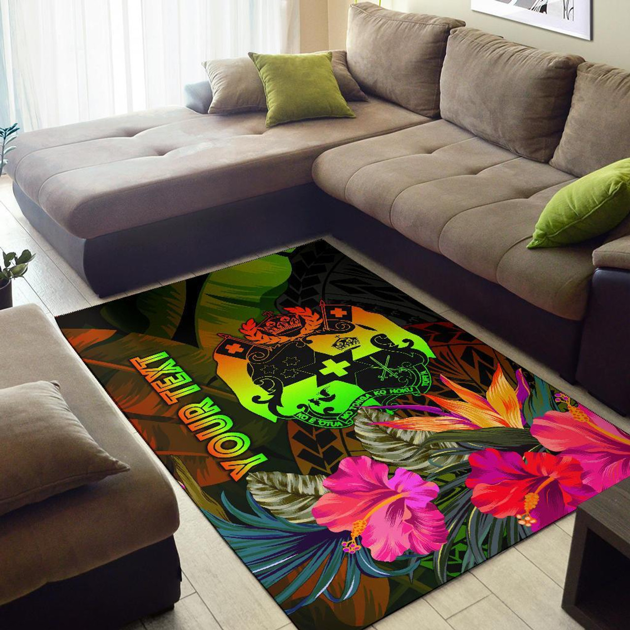 Tonga Polynesian Personalised Area Rug - Hibiscus and Banana Leaves Polynesian 2