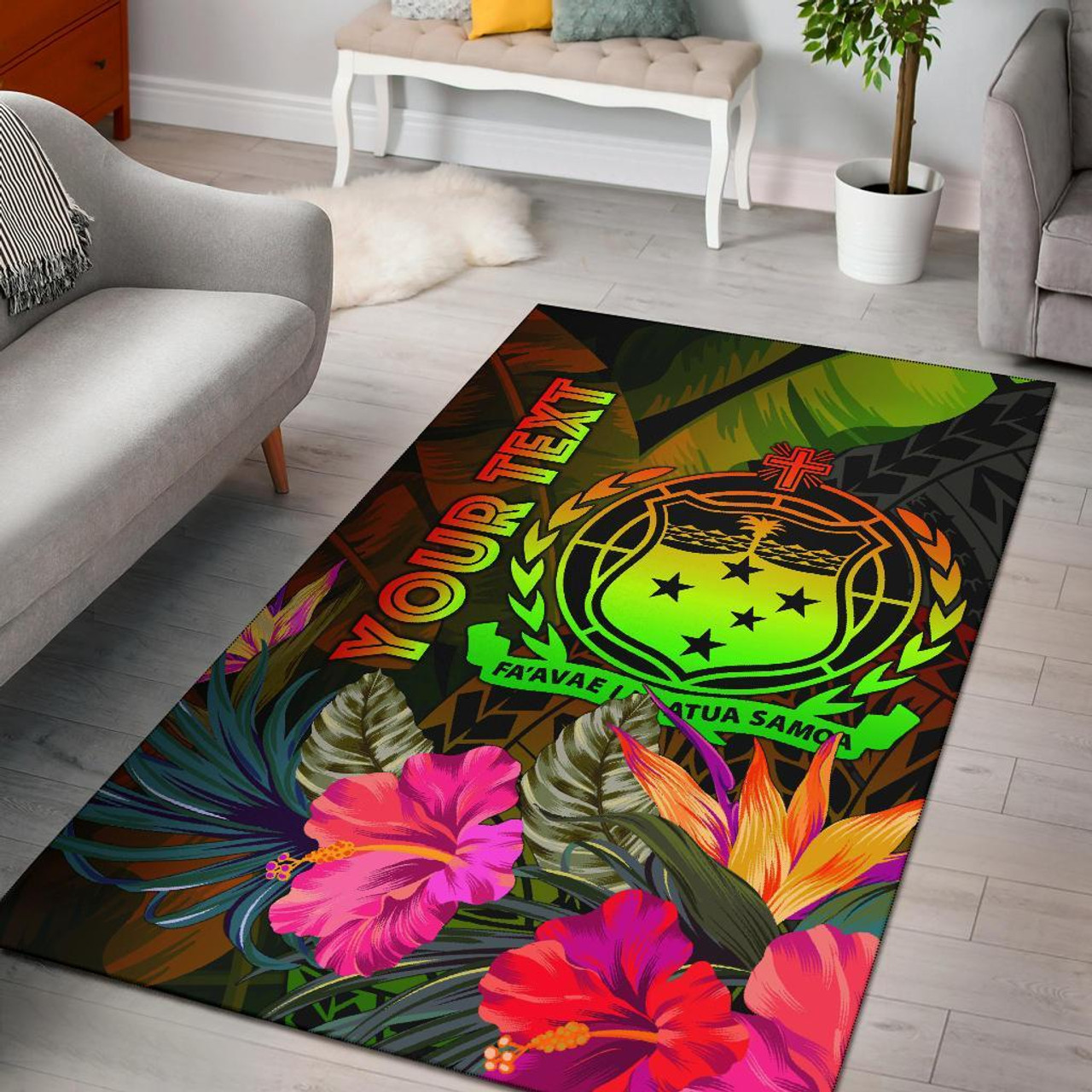 Samoa Polynesian Personalised Area Rug - Hibiscus and Banana Leaves Polynesian 1