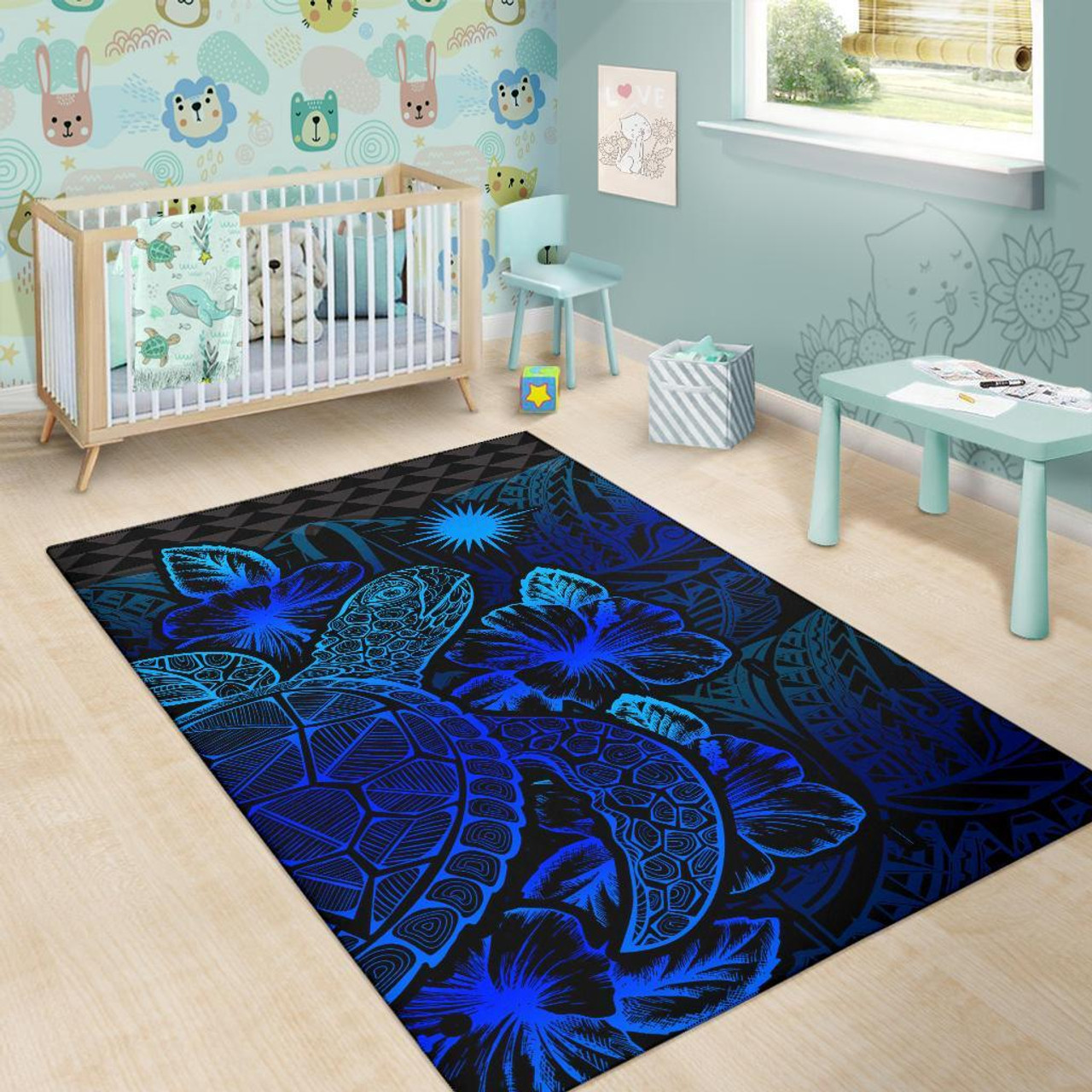 Marshall Islands Area Rugs Turtle Hibiscus Blue Polynesian 6