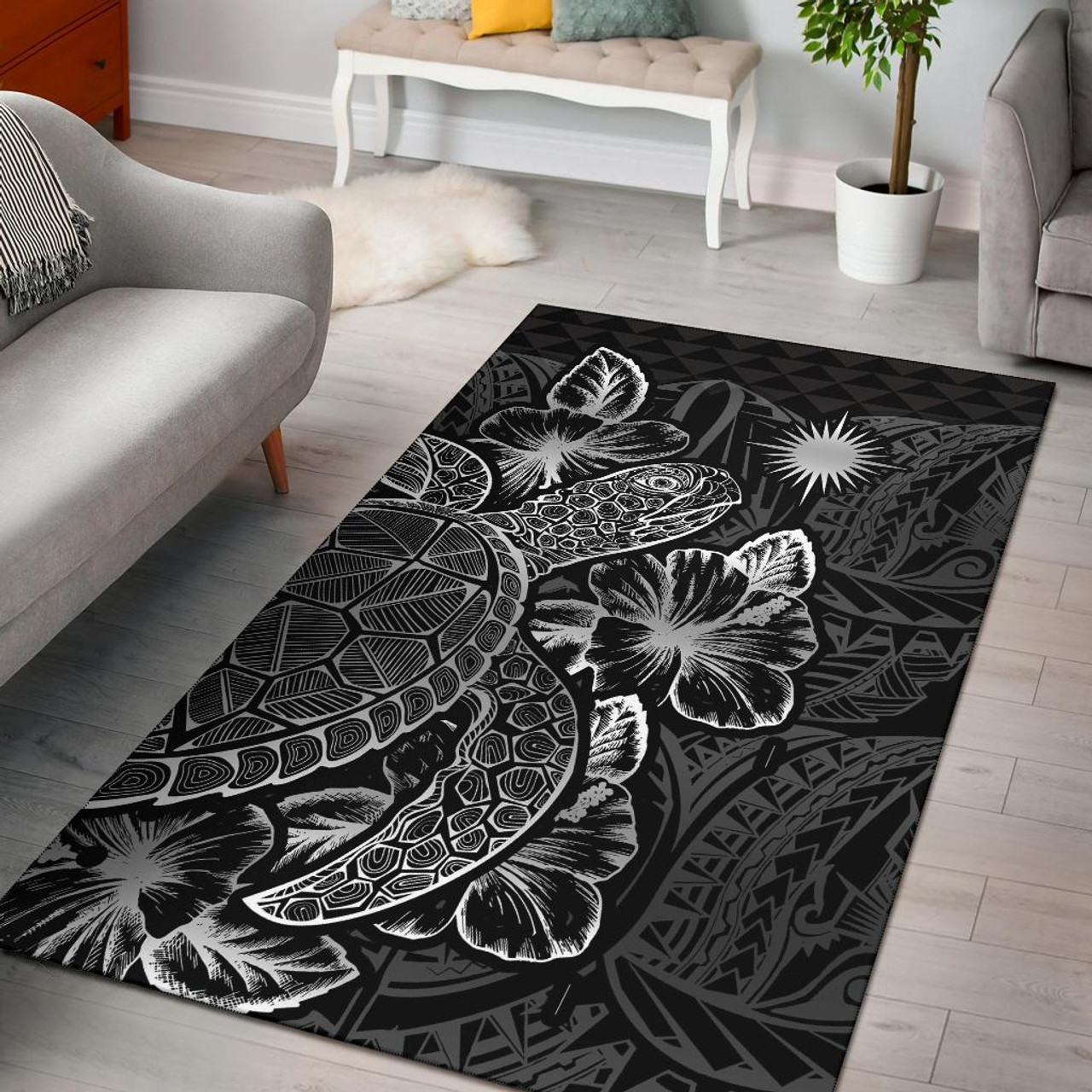 Marshall Islands Area Rugs Turtle Hibiscus Black Polynesian 1