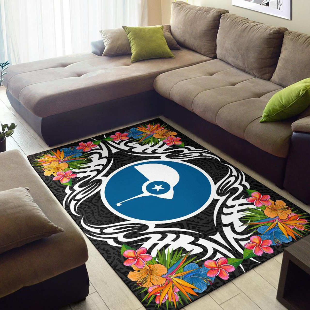 Yap State Area Rug - Coat Of Arm With Tropical Flowers