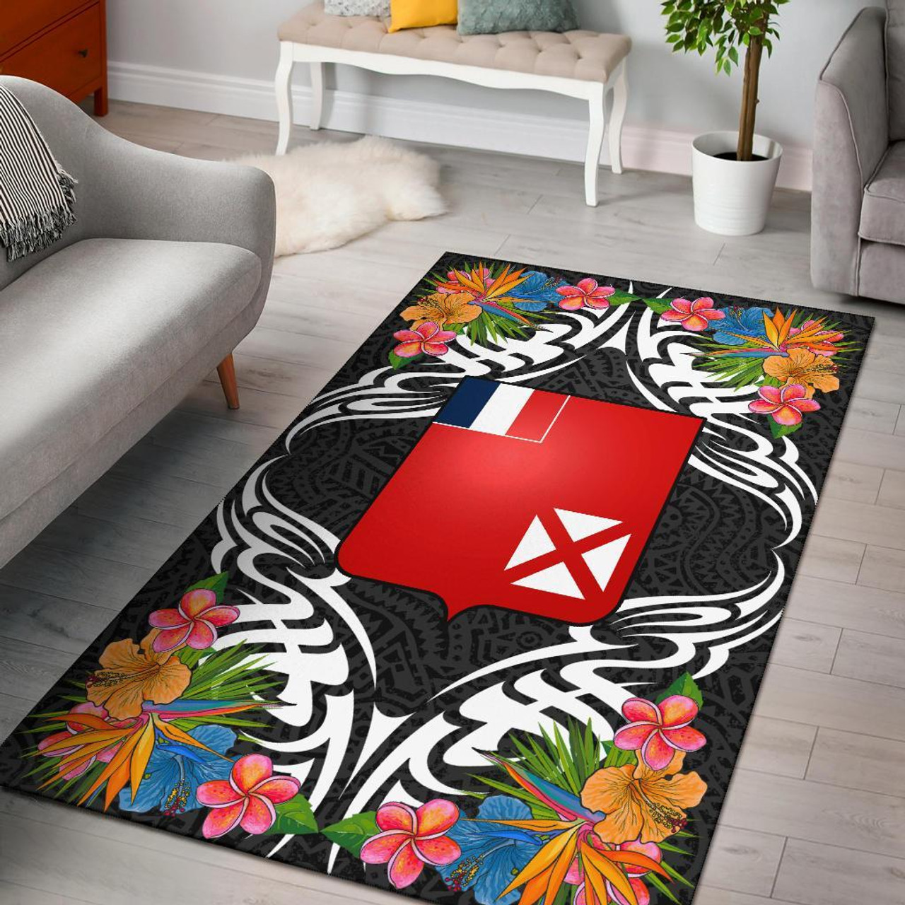 Wallis and Futuna Area Rug - Coat Of Arm With Tropical Flowers