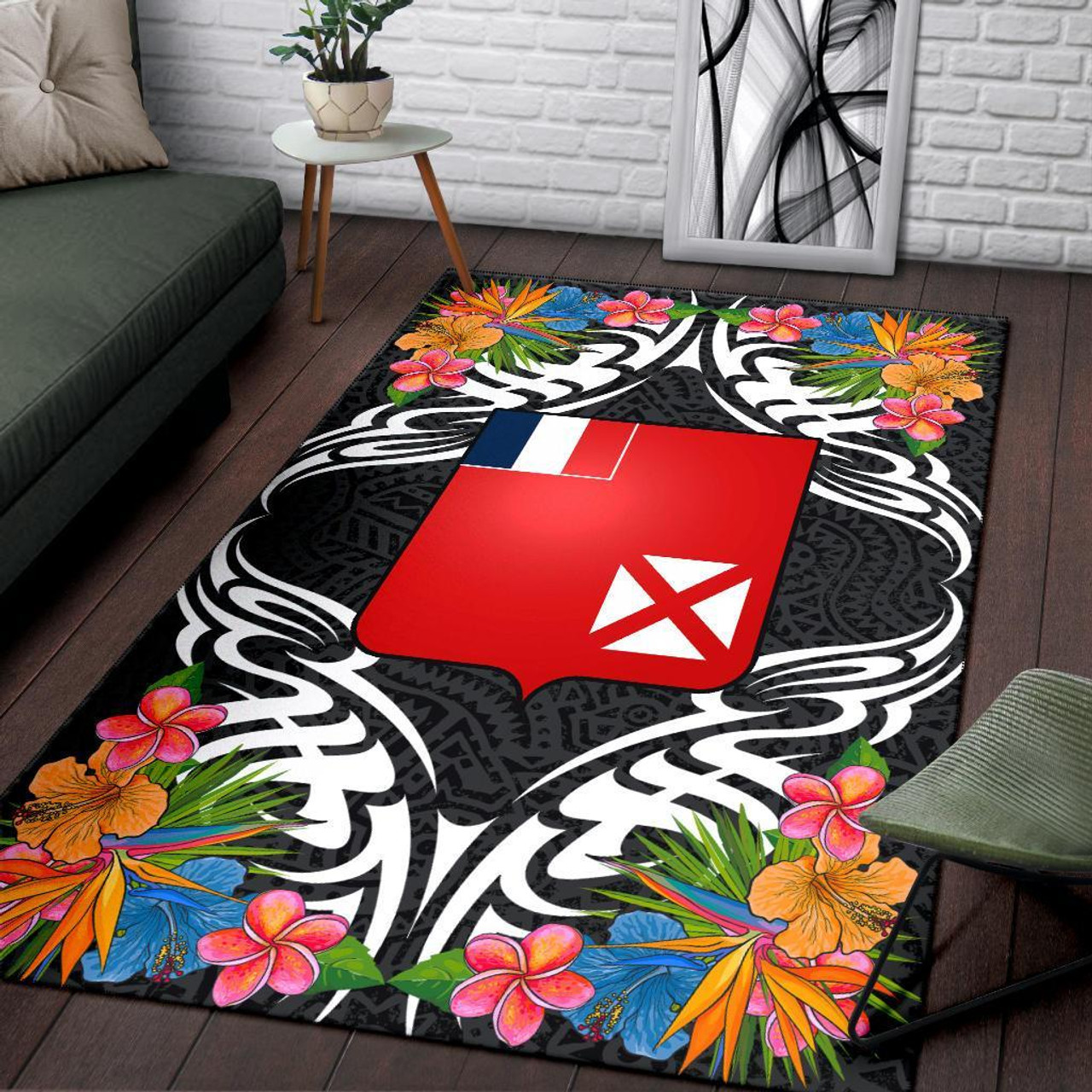 Wallis and Futuna Area Rug - Coat Of Arm With Tropical Flowers