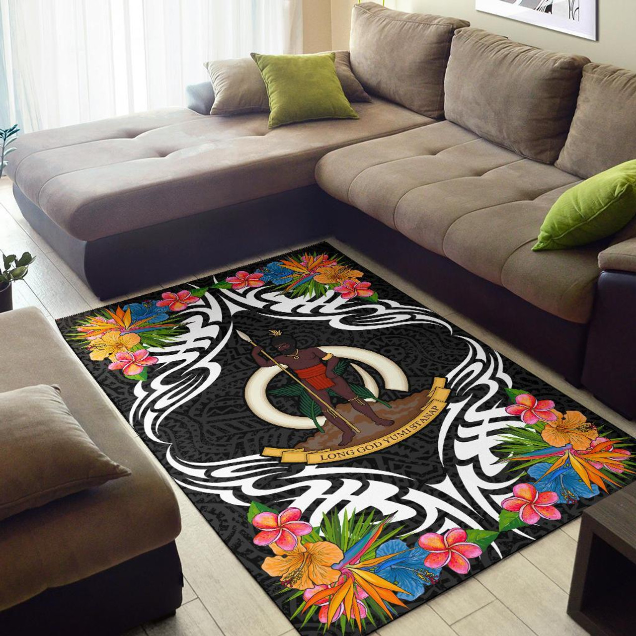 Vanuatu Area Rug - Coat Of Arms With Tropical Flowers