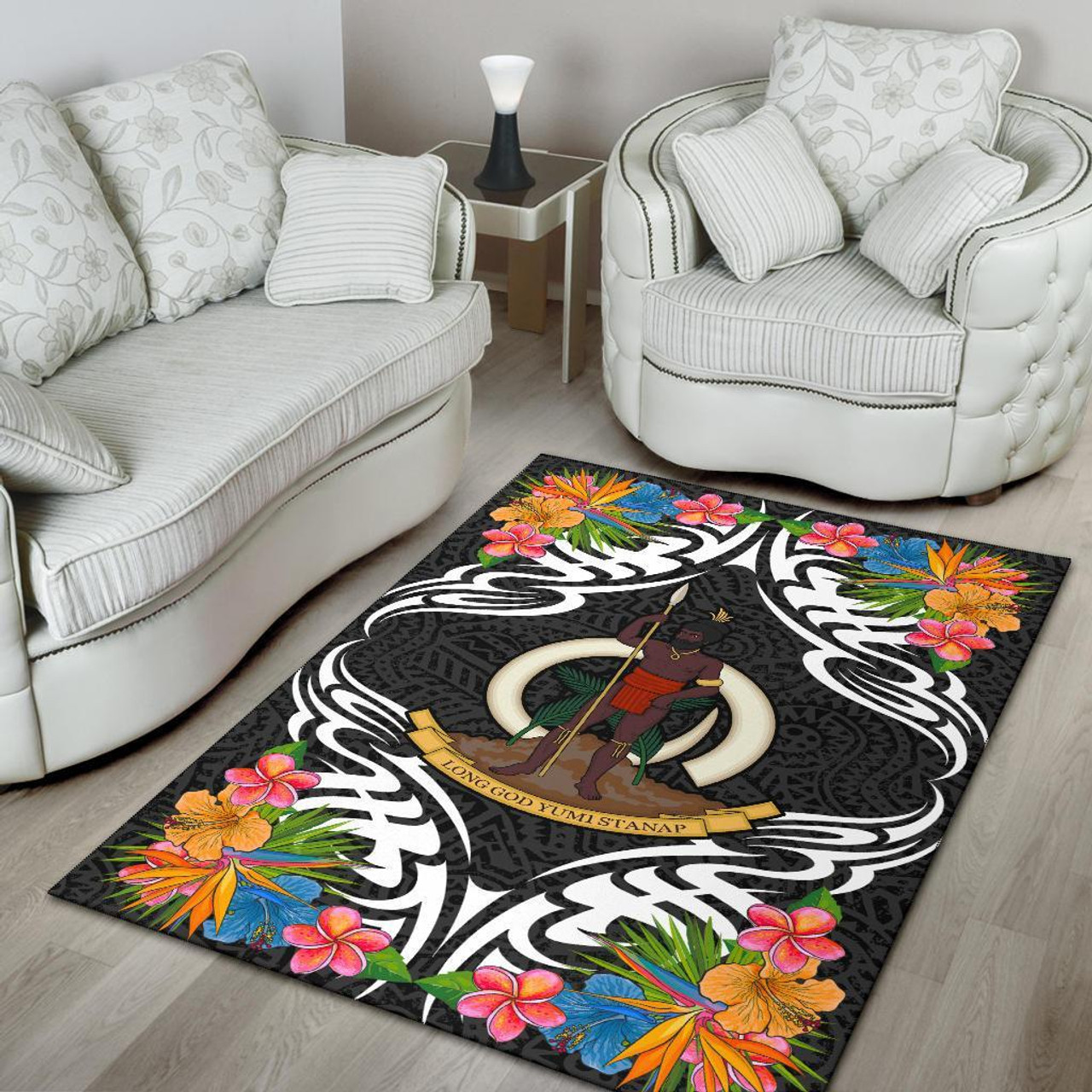 Vanuatu Area Rug - Coat Of Arms With Tropical Flowers