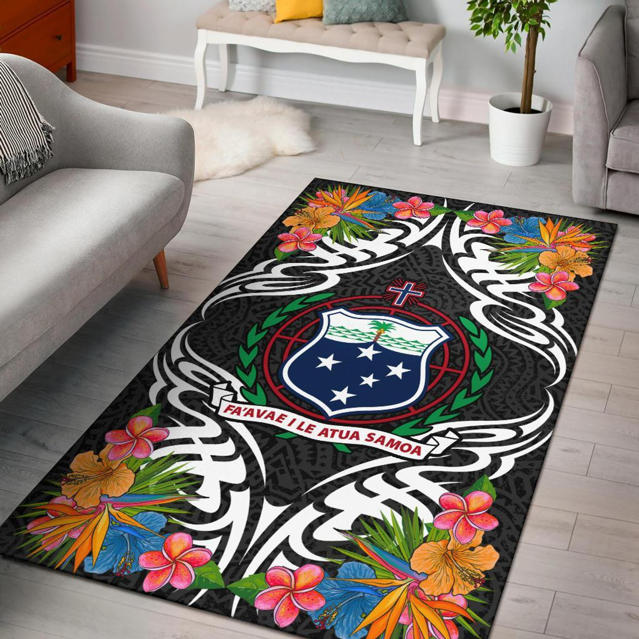 Samoa Area Rug - Coat Of Arm With Tropical Flowers