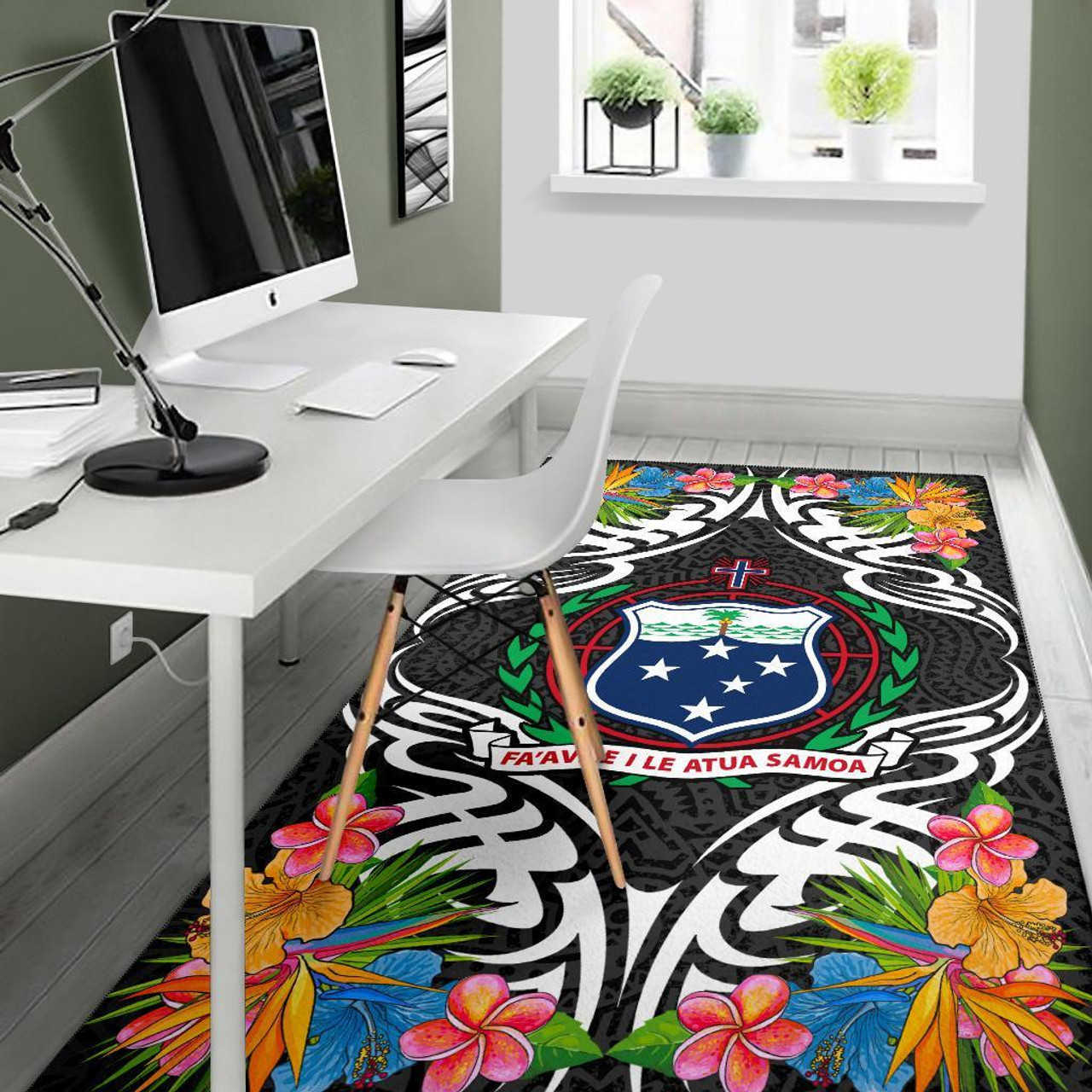 Samoa Area Rug - Coat Of Arm With Tropical Flowers