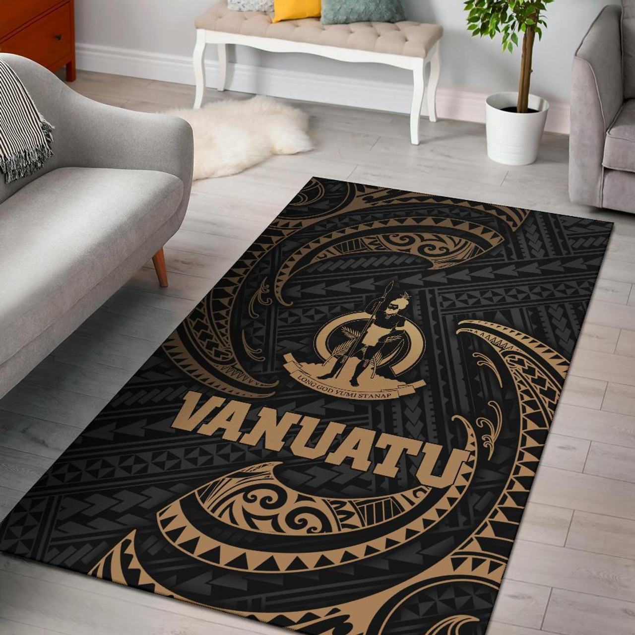 Vanuatu Polynesian Area Rug - Gold Tribal Wave Polynesian 1