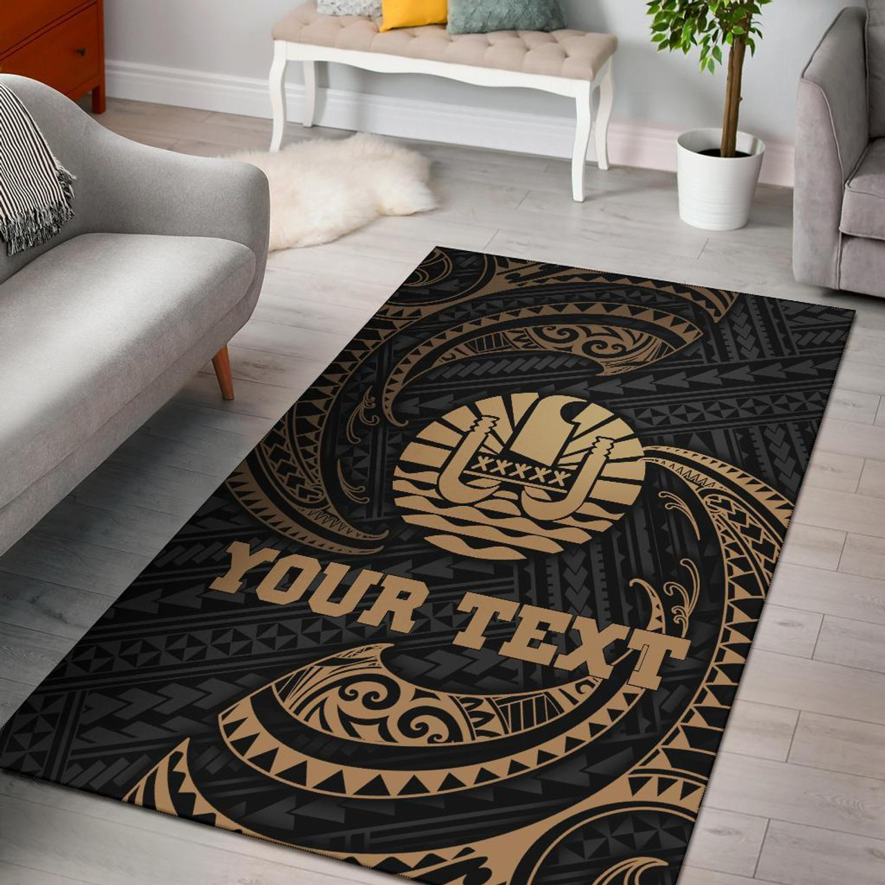 Tahiti Polynesian Custom Personalised Area Rug - Gold Tribal Wave Polynesian 1