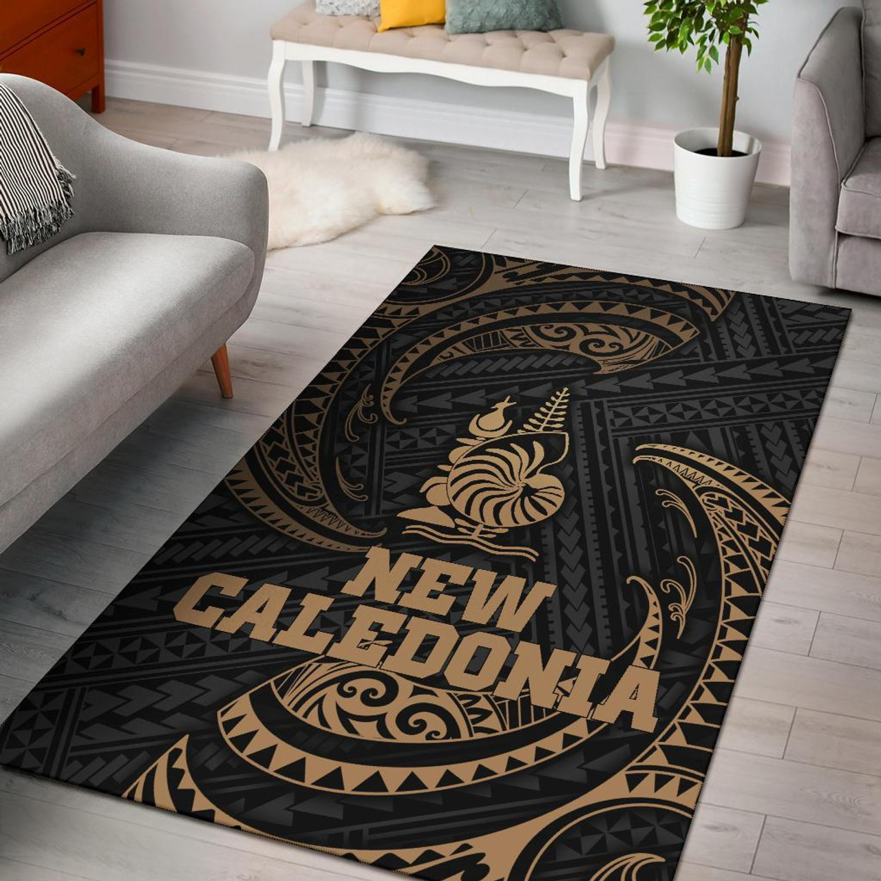 New Caledonia Polynesian Area Rug - Gold Tribal Wave Polynesian 1