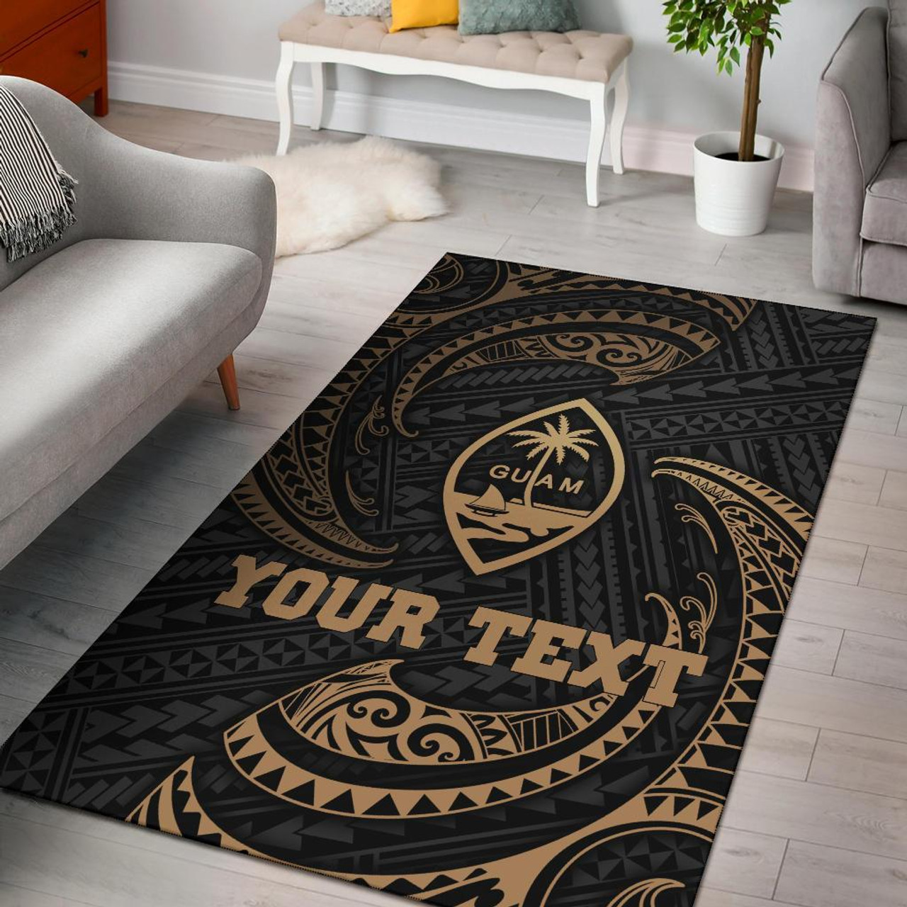 Guam Polynesian Custom Personalised Area Rug - Gold Tribal Wave Polynesian 1