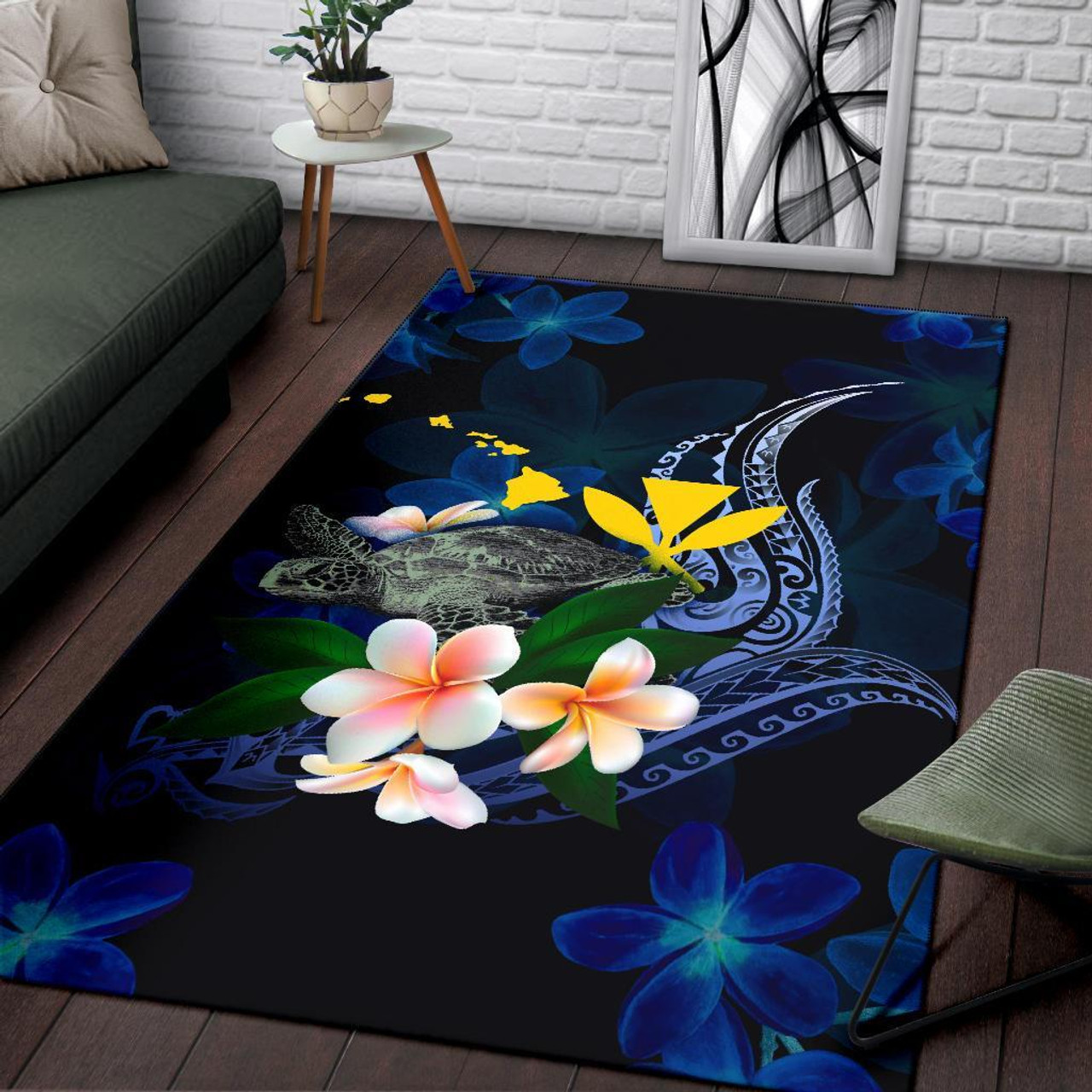 Polynesian Hawaii Area Rug - Turtle With Plumeria Flowers Polynesian 3