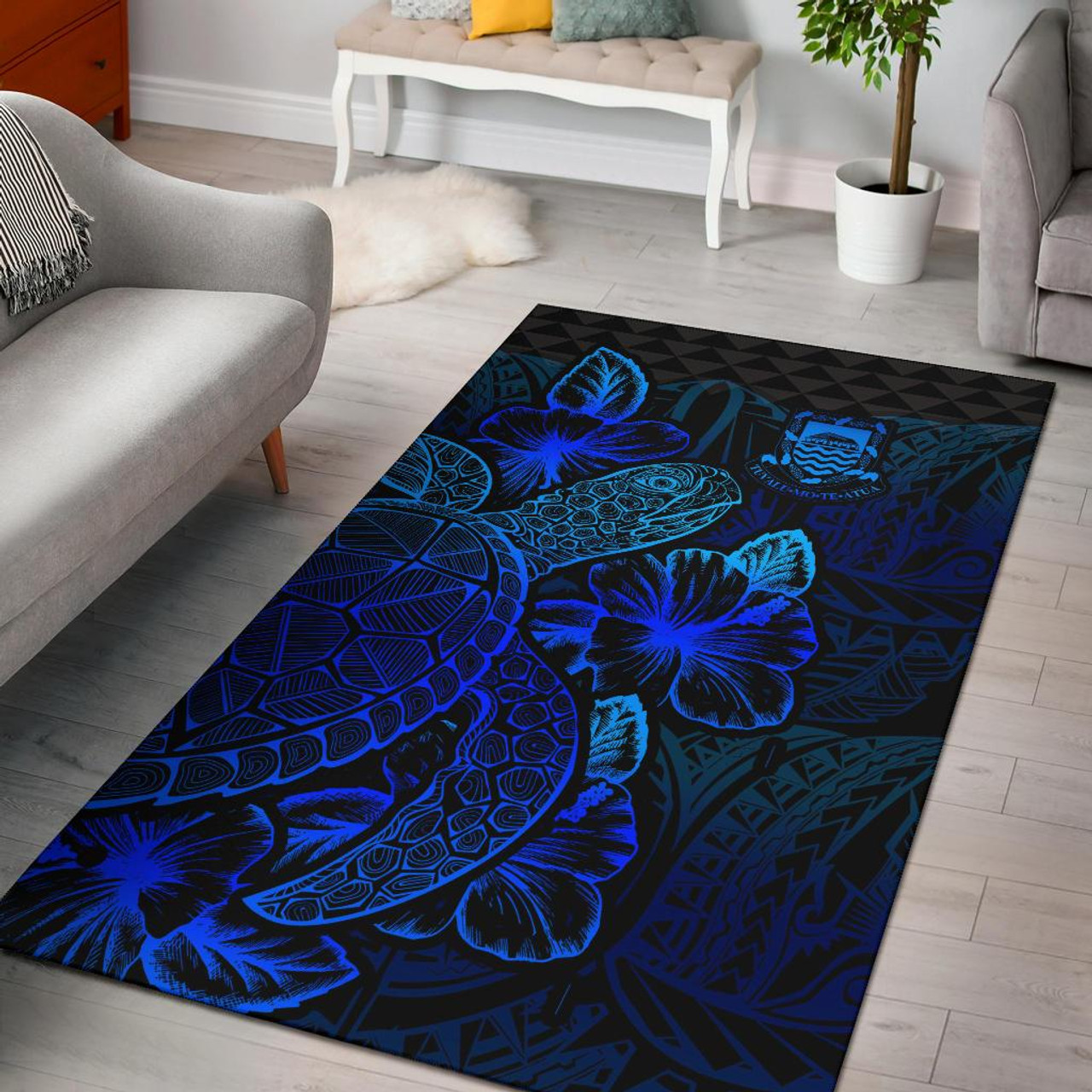 Tuvalu Area Rugs Turtle Hibiscus Blue Polynesian 1