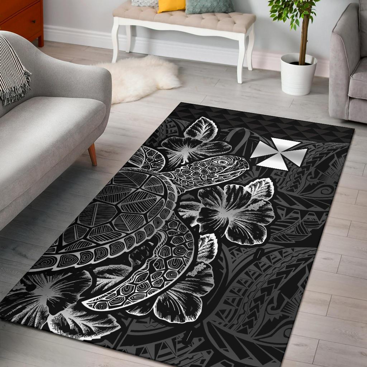 Wallis And Futuna Area Rugs Turtle Hibiscus Black Polynesian 1