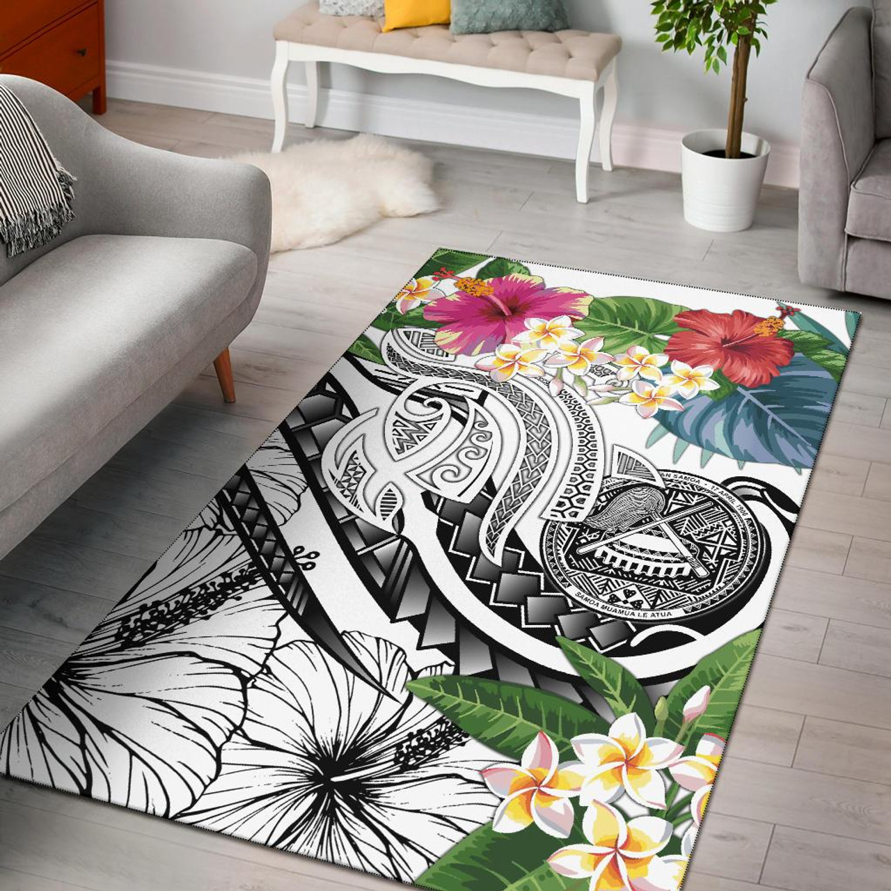 Polynesian American Samoa Area Rug - Summer Plumeria (White) Polynesian 1