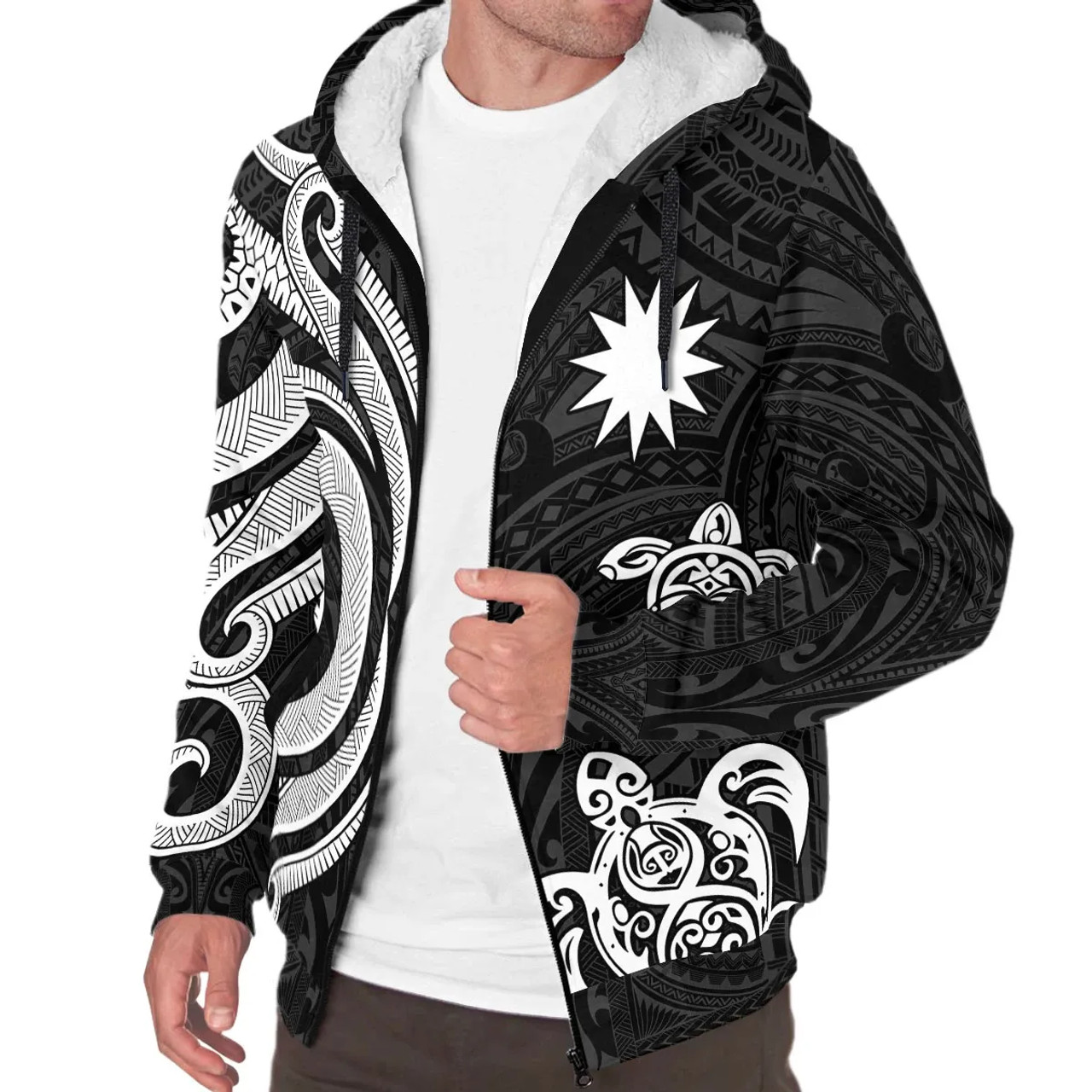 Nauru Sherpa Hoodie - White Tentacle Turtle Crest 3