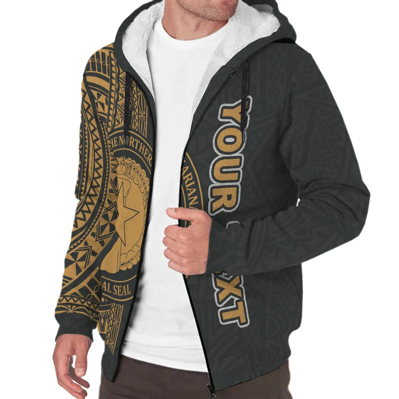 Northern Mariana Islands Polynesian Personalised Custom Sherpa Hoodie - Gold Line 3