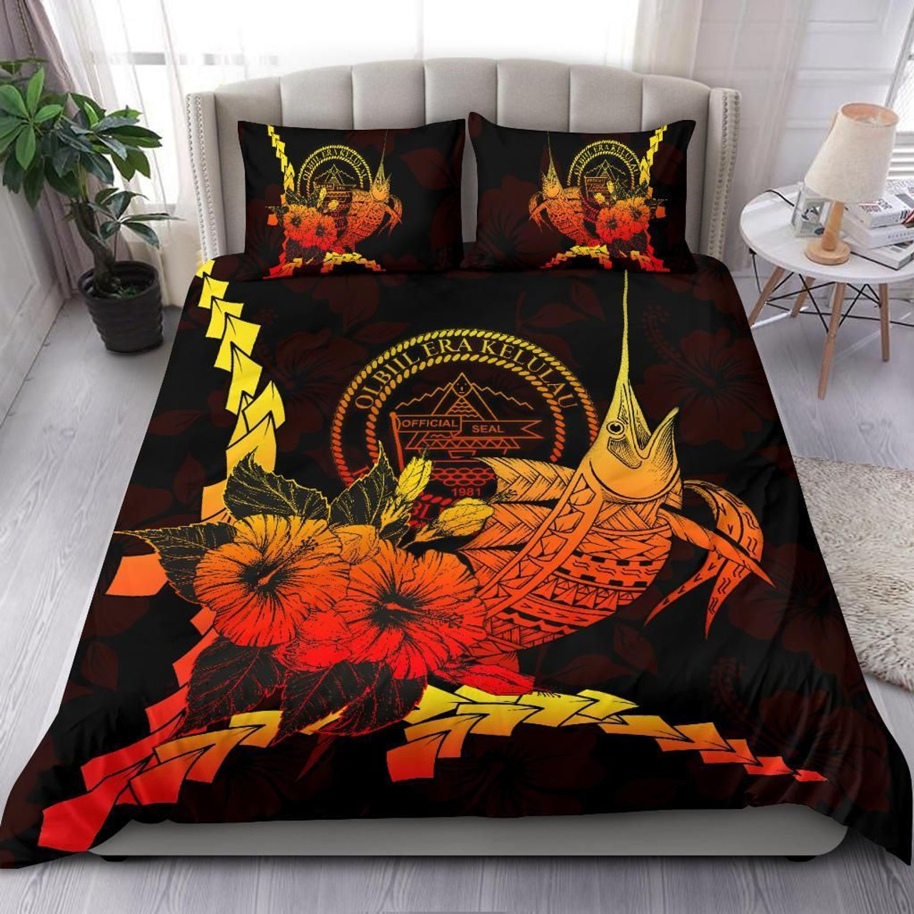 Palau Polynesian Bedding Set - Swordfish With Hibiscus 1