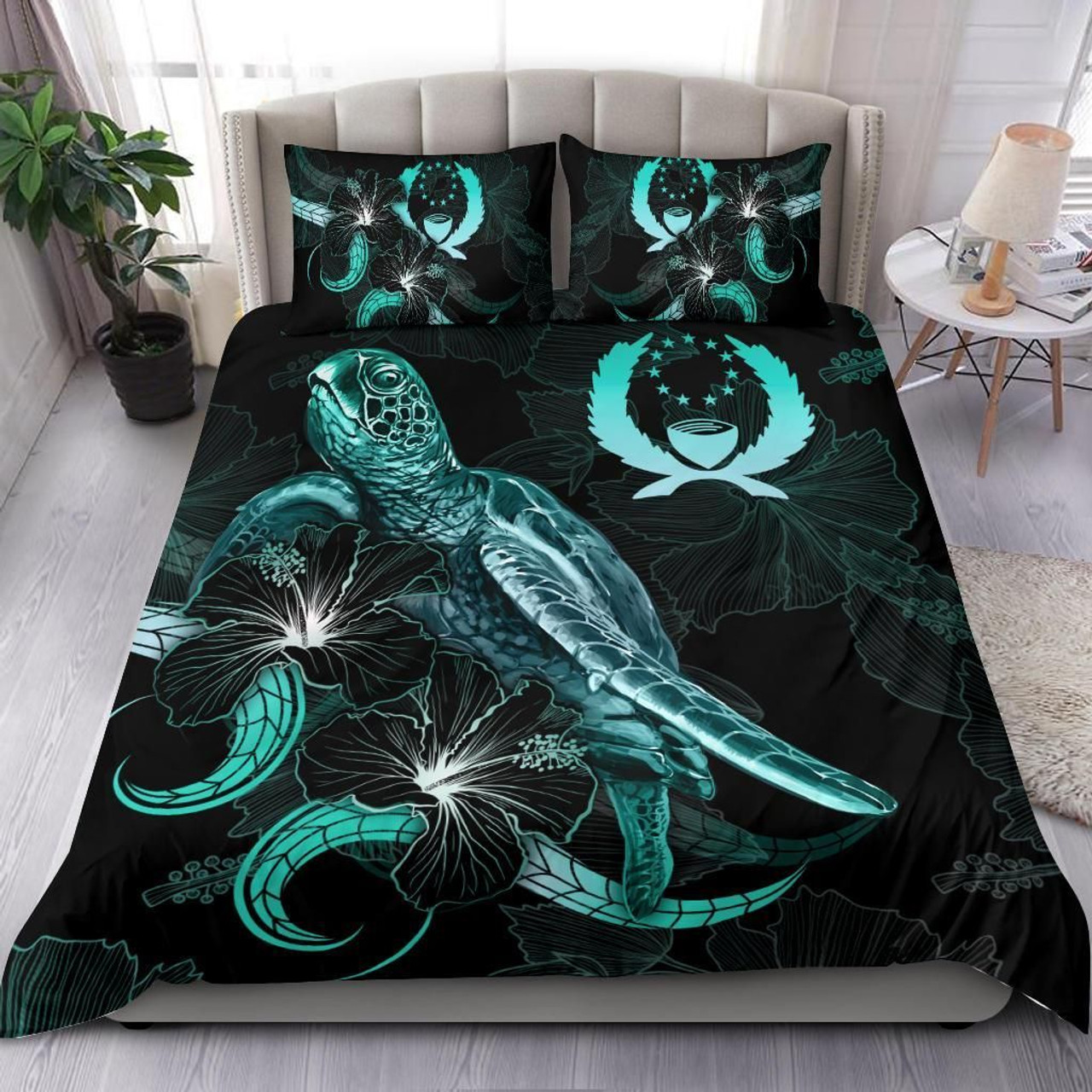 Pohnpei Polynesian Bedding Set - Turtle With Blooming Hibiscus Turquoise 1
