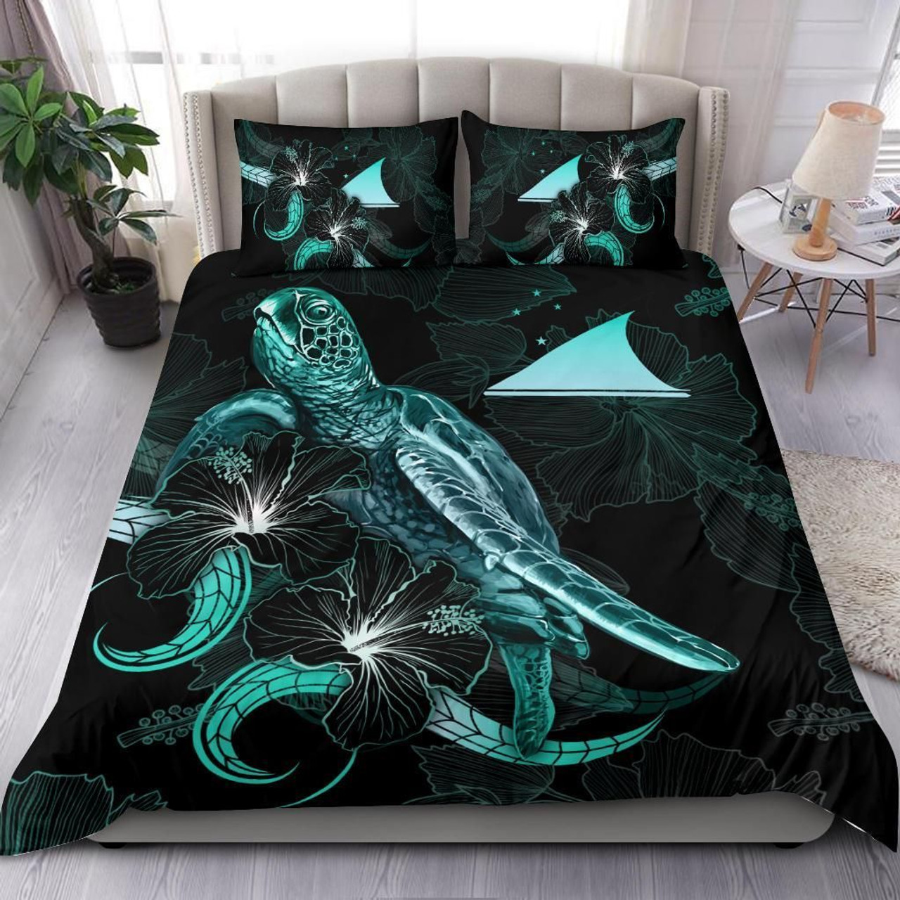 Tokelau Polynesian Bedding Set - Turtle With Blooming Hibiscus Turquoise 1