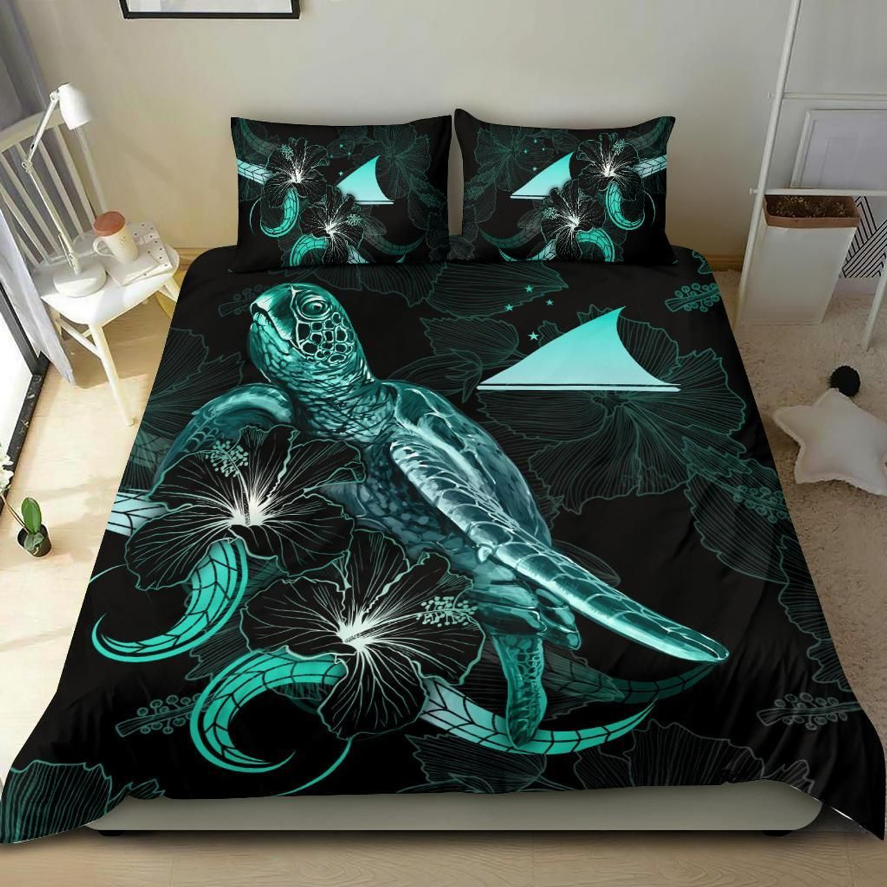 Tokelau Polynesian Bedding Set - Turtle With Blooming Hibiscus Turquoise 2